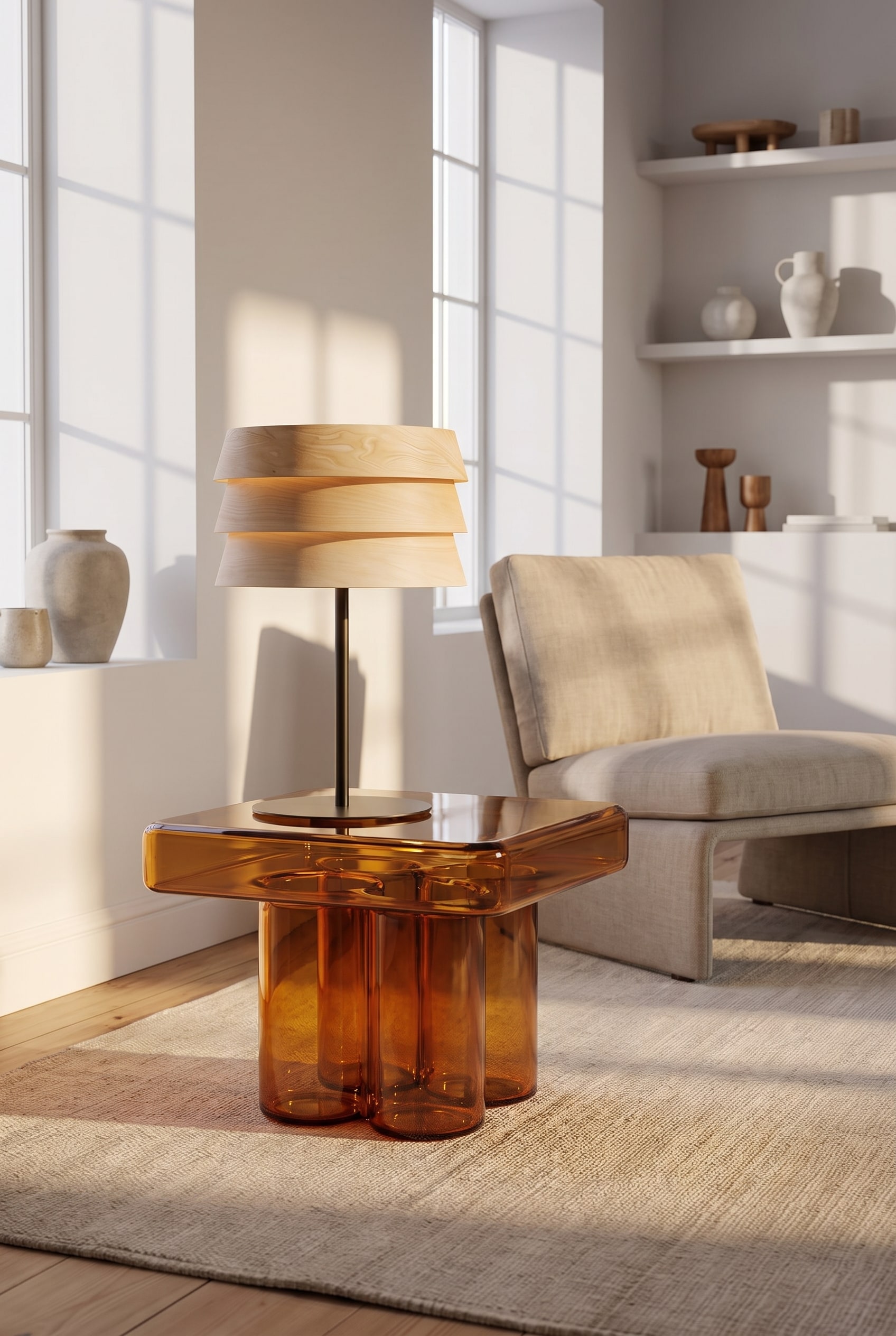 Wohnzimmer mit einem massiven, quadratischen Couchtisch aus grünlichem Muranoglas und einem weichen Leinenteppich