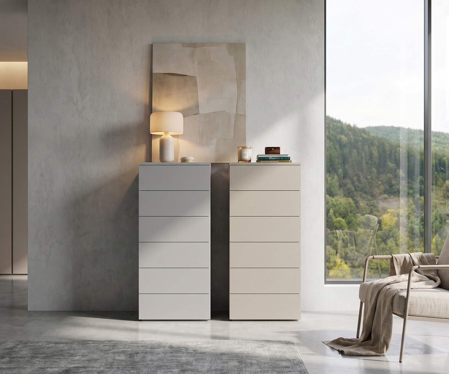 Chiffonnier haut Atena par Livitalia pour la chambre, commodes minimalistes à 6 tiroirs en blanc et beige, style moderne.