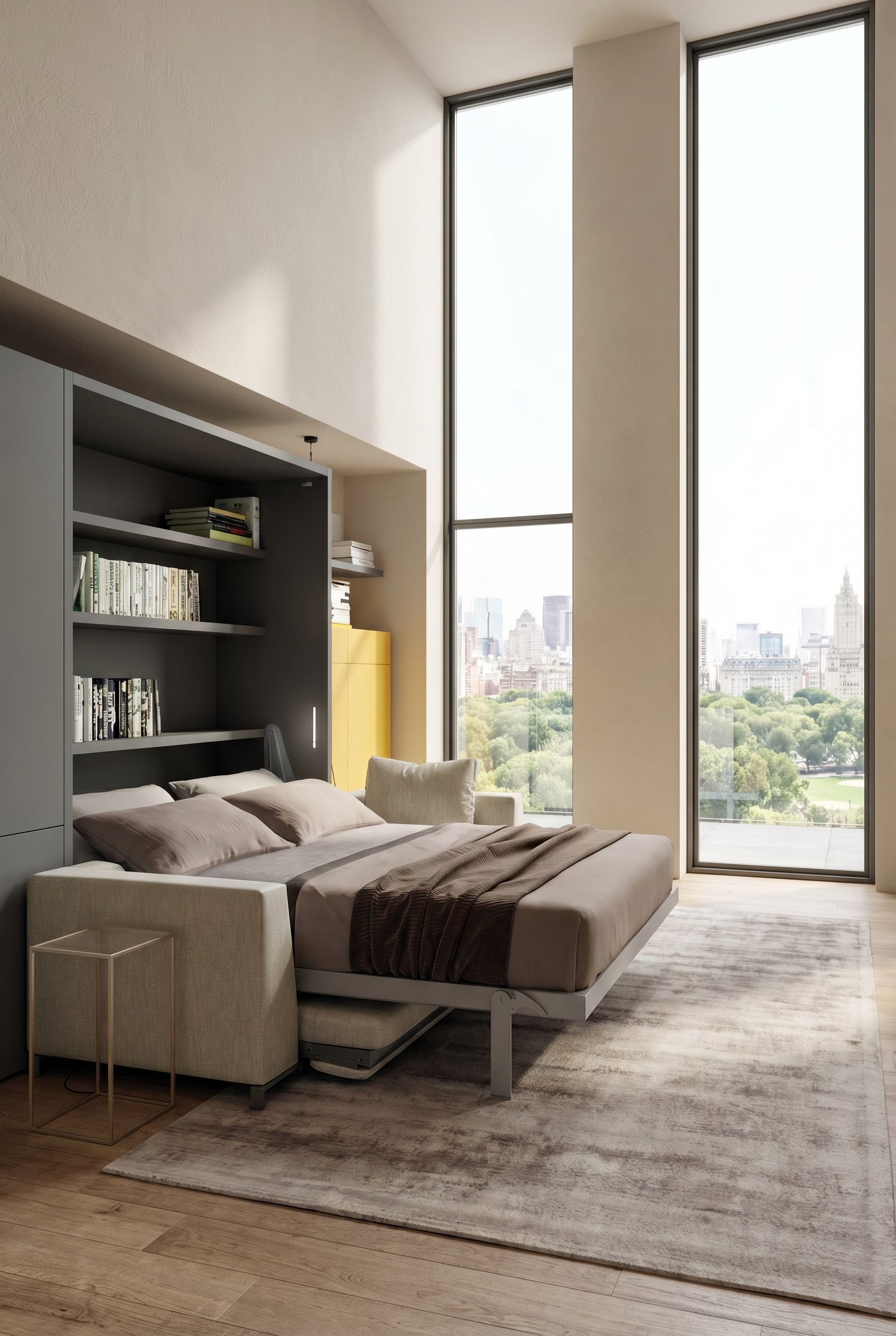 Un salon moderne de style luxe italien moderne avec un lit escamotable d&eacute;pli&eacute; et un canap&eacute; int&eacute;gr&eacute; dans des tons clairs.