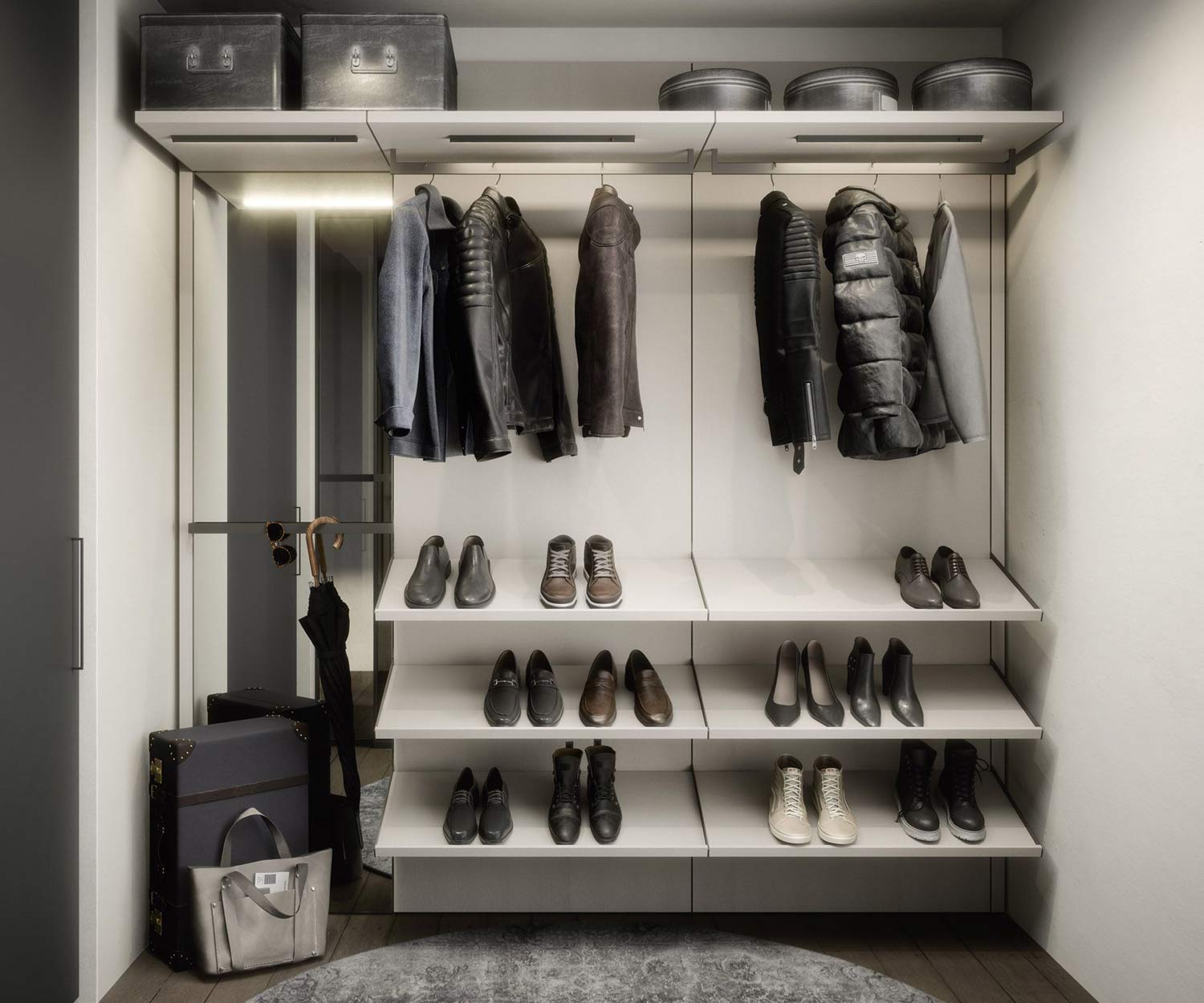 Portemanteau design ouvert couloir vêtements suspendus rangement chaussures luxe gris