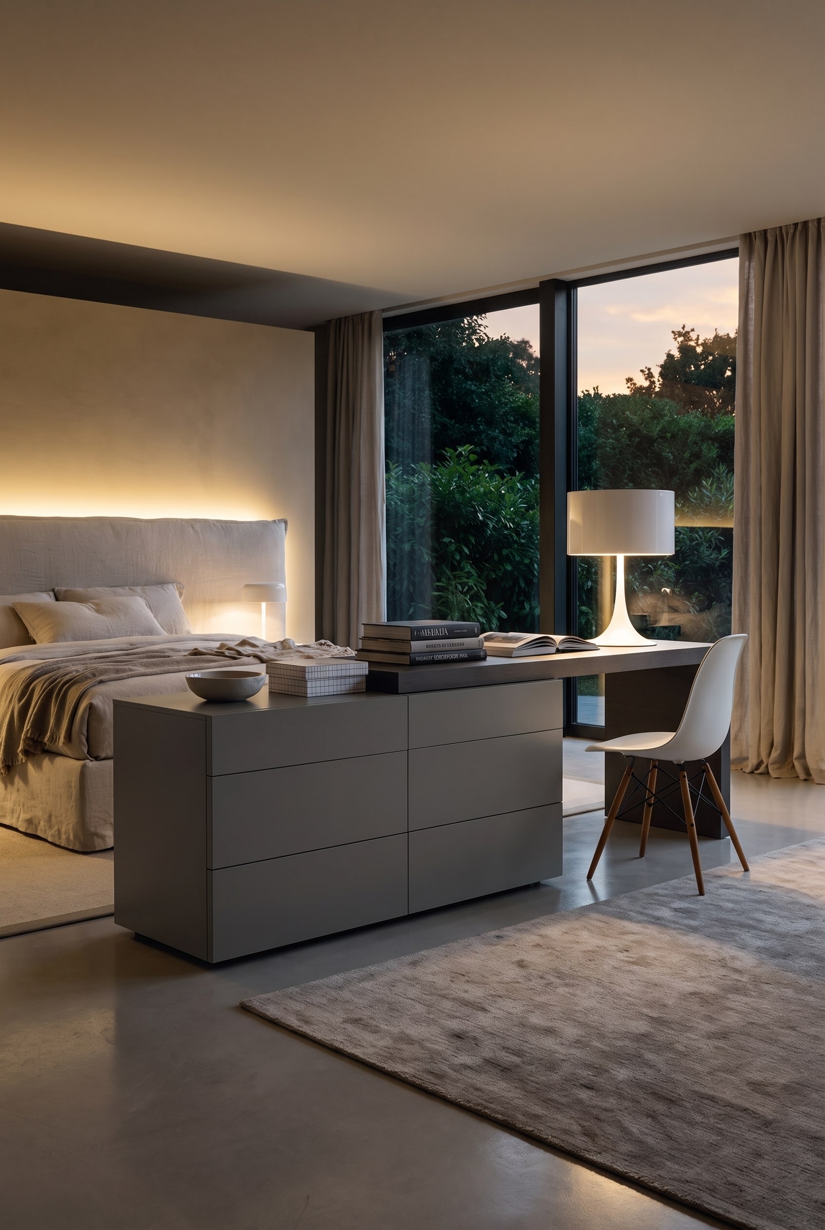 Chambre luxueuse avec une combinaison de commode en chêne foncé et de bureau intégré, décorée d'une lampe de table et de livres d'art.