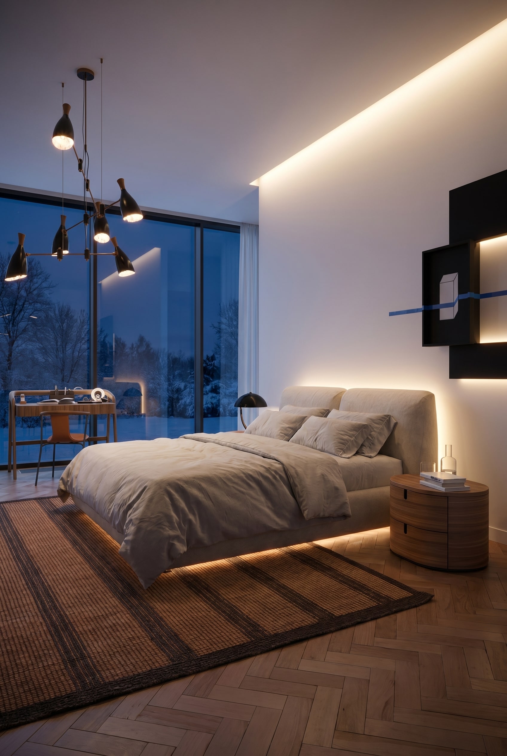Chambre élégante avec lit rembourré beige volumineux et une douce auréole lumineuse sur le mur blanc arrière