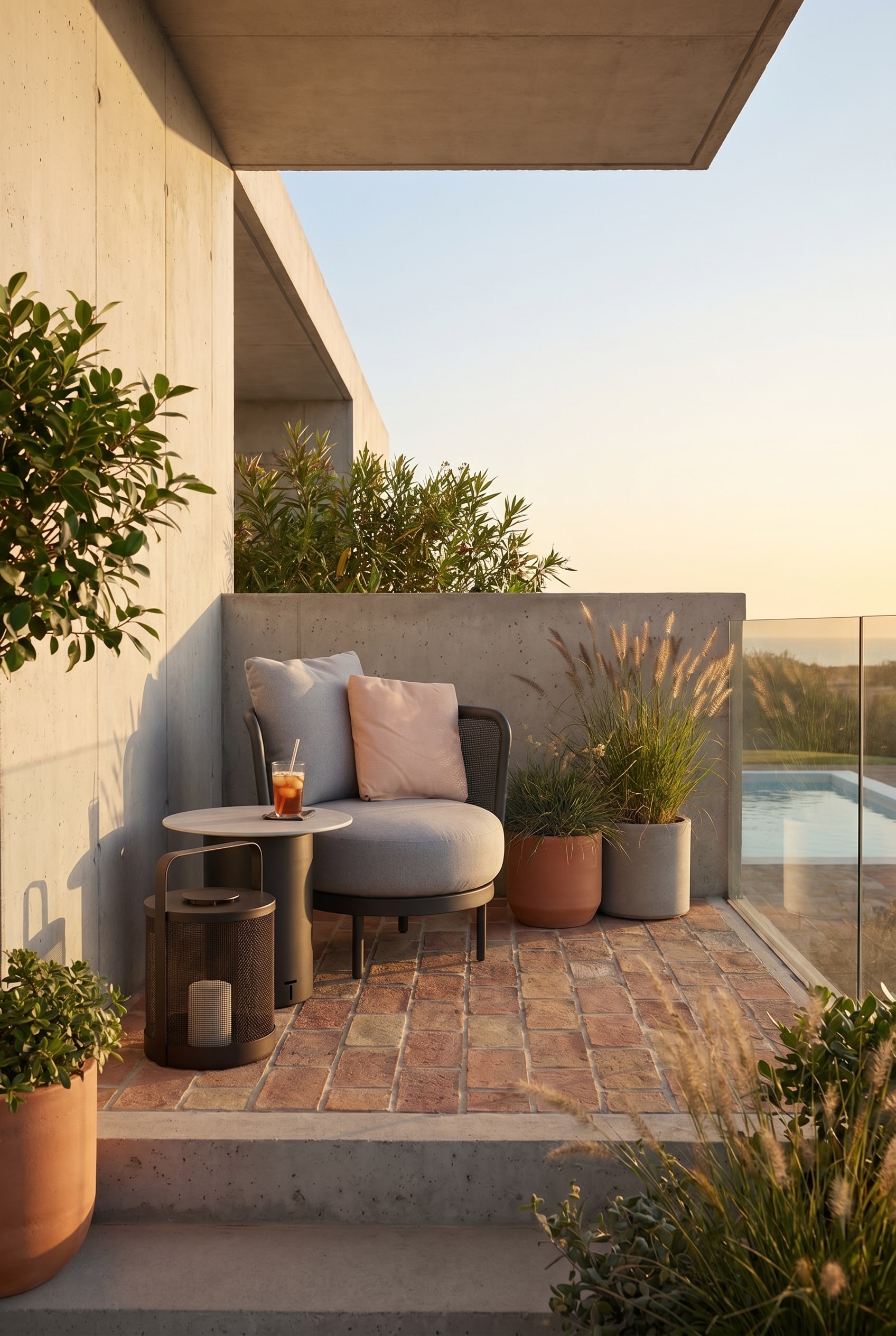 Coin de balcon avec fauteuil club d'extérieur rond en gris doux sur des carreaux couleur terre cuite