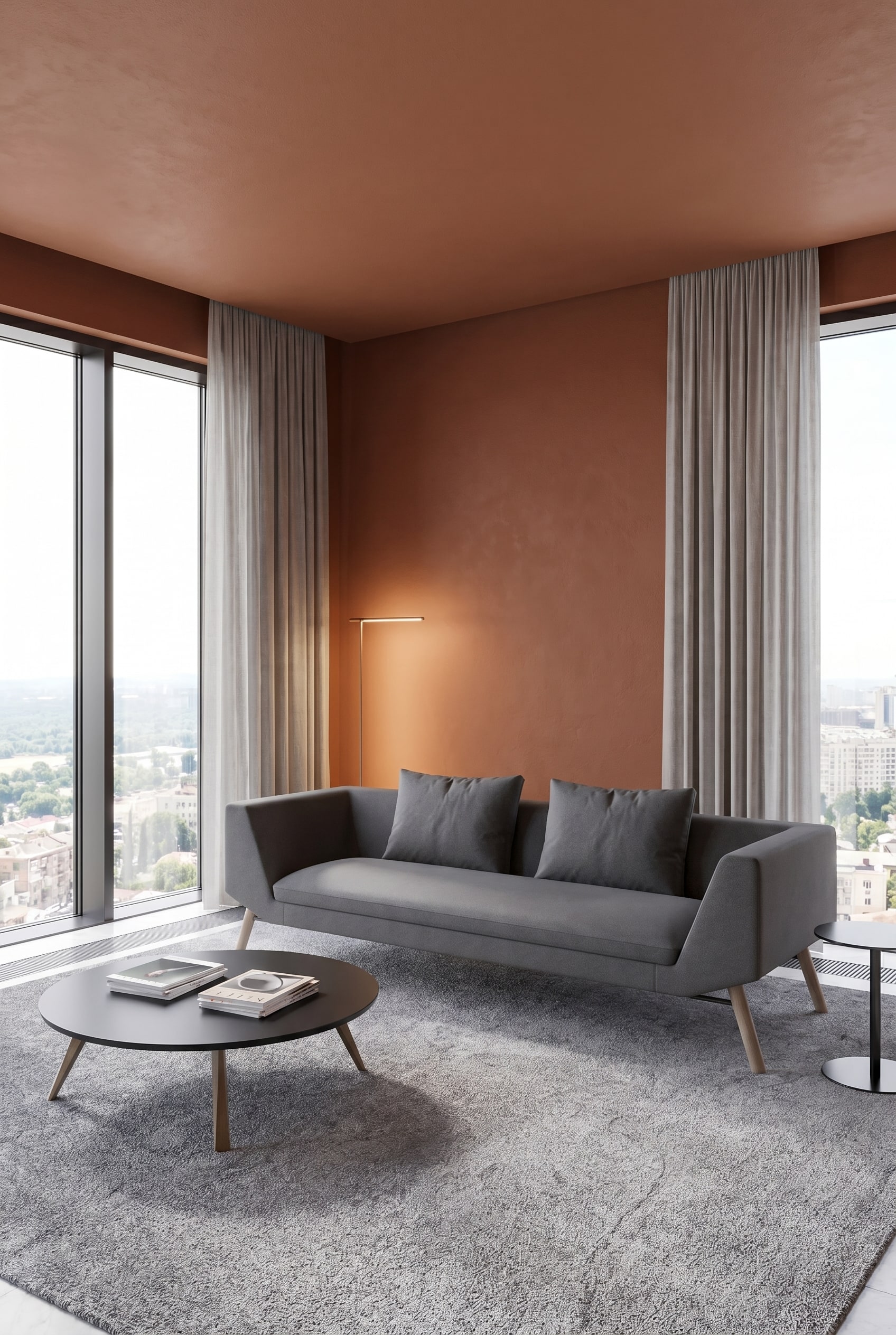 Großzügiges helles Prostoria Sofa Combine in einem offenen Wohnzimmer mit warmen erdfarbenen Wänden