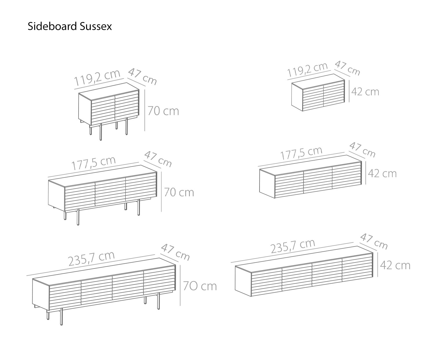 Sideboard design Sussex de Punt Largeur 119 cm 177 cm 235 cm Dimensions de l'esquisse