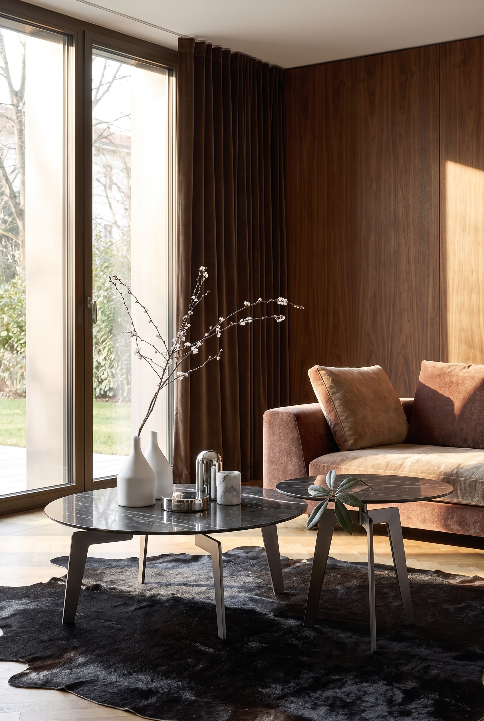 Table d'appoint ronde avec plateau en marbre à côté d'un fauteuil dans une pièce moderne avec de grandes fenêtres