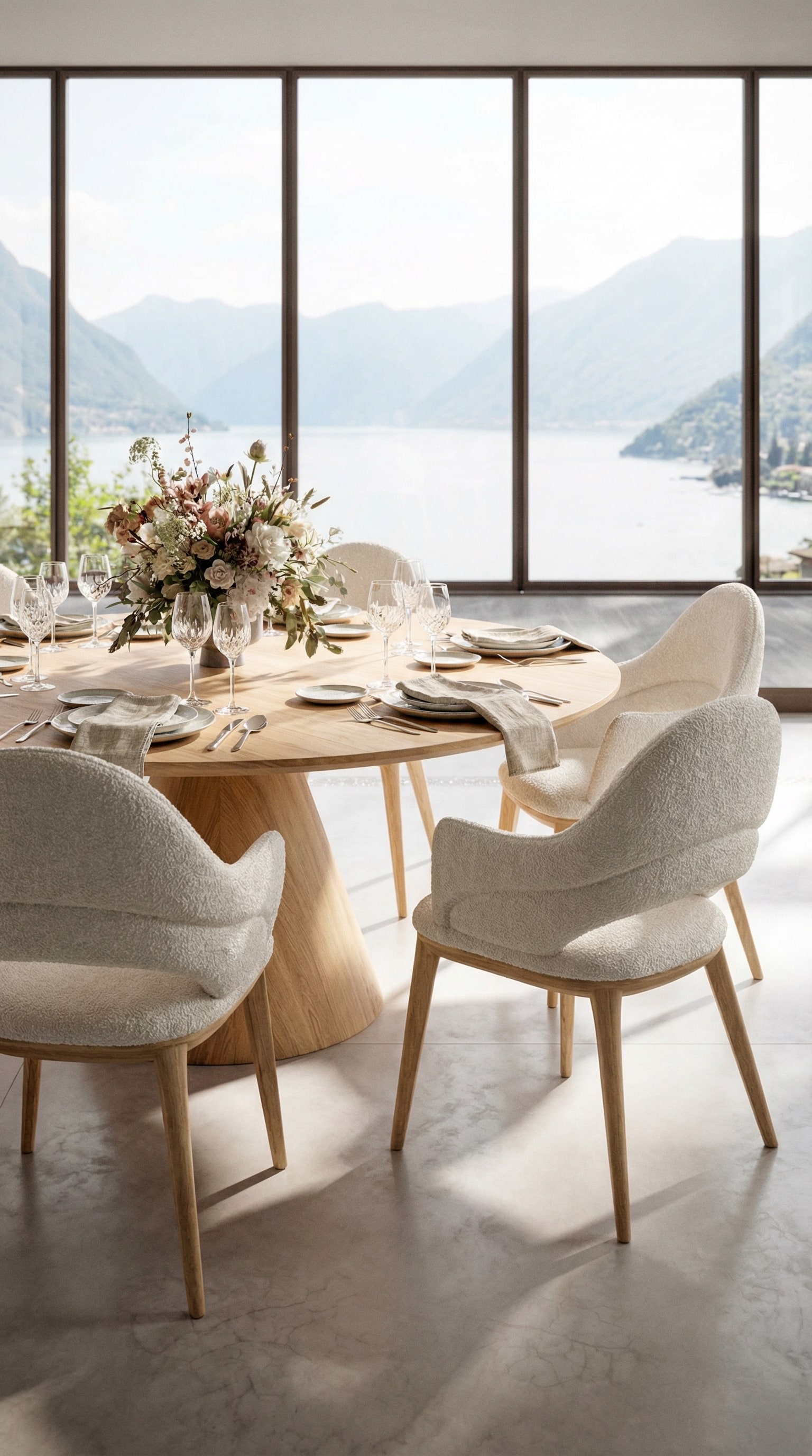 Fauteuil rembourré Ozzio Baia avec tissu bouclé à une table ronde en bois Fauteuil rembourré Ozzio Baia avec tissu bouclé à une table ronde en bois