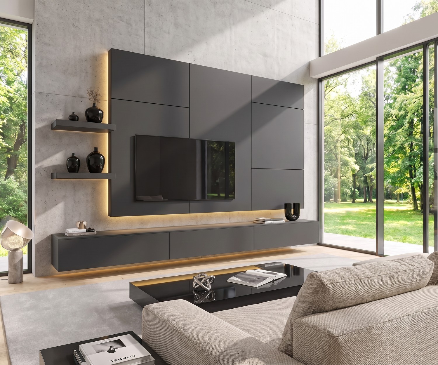 Meuble TV mural Livitalia C102: Composition murale suspendue gris anthracite avec éclairage LED pour salon moderne.