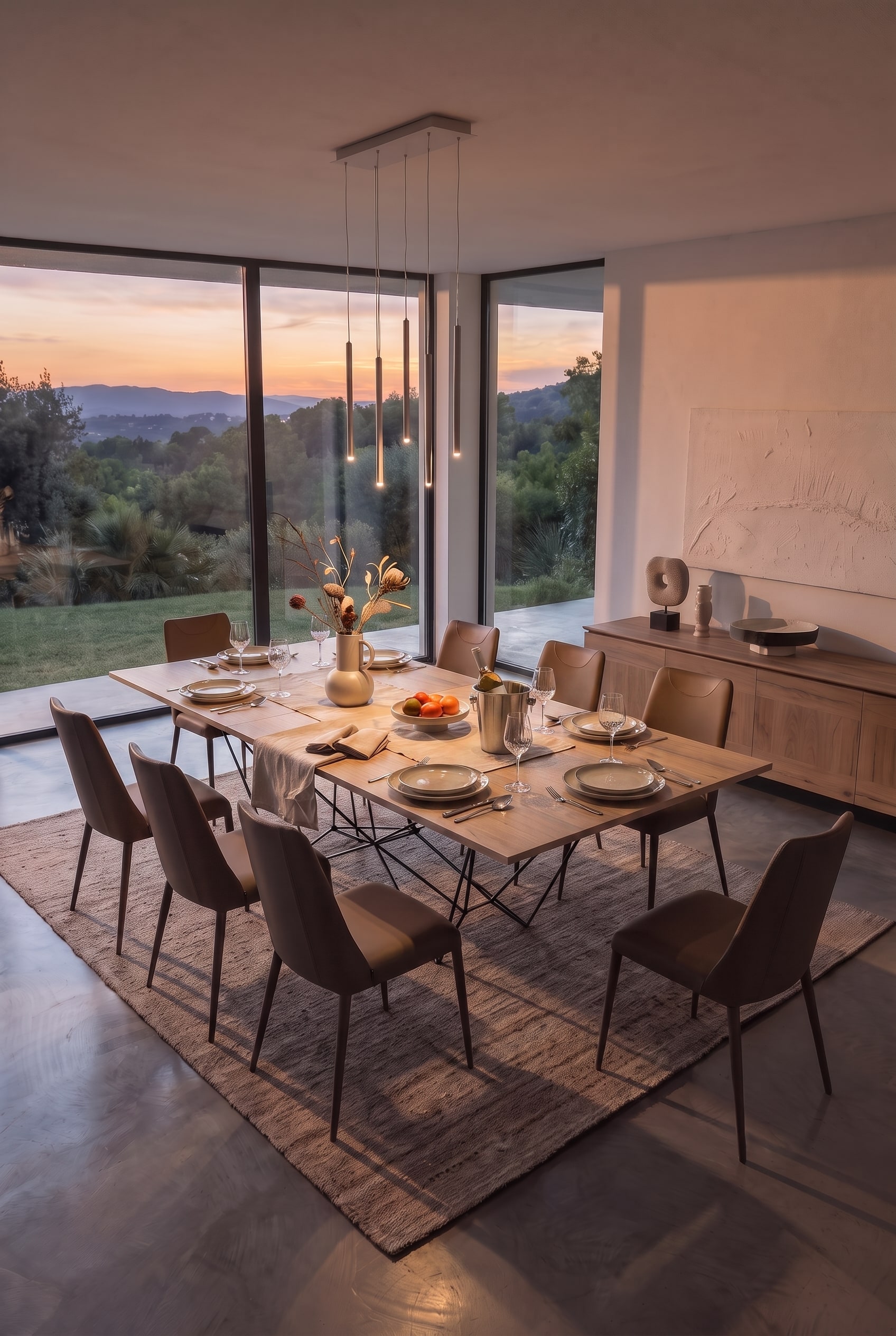 Table &agrave; manger dress&eacute;e de mani&egrave;re festive pour huit personnes avec assiettes, couverts, verres &agrave; vin et rafra&icirc;chisseur de vin au coucher du soleil.