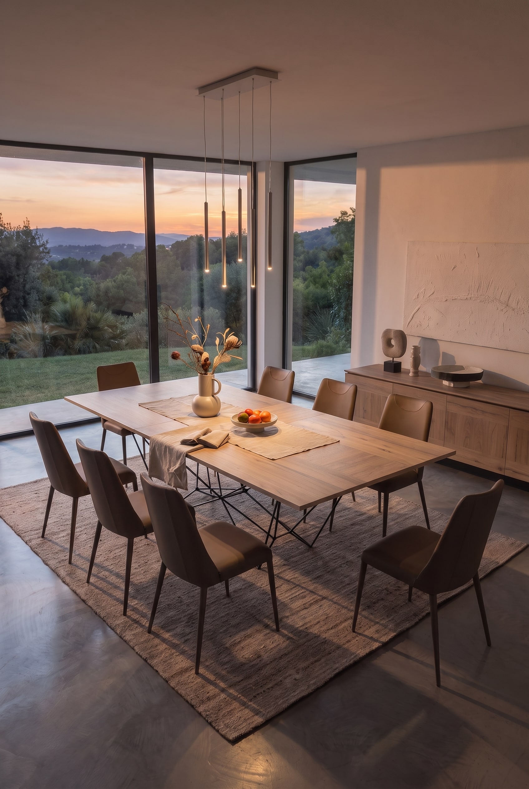 Une table &agrave; manger moderne enti&egrave;rement d&eacute;ploy&eacute;e avec de la place pour jusqu'&agrave; douze personnes dans une pi&egrave;ce &eacute;l&eacute;gamment am&eacute;nag&eacute;e.