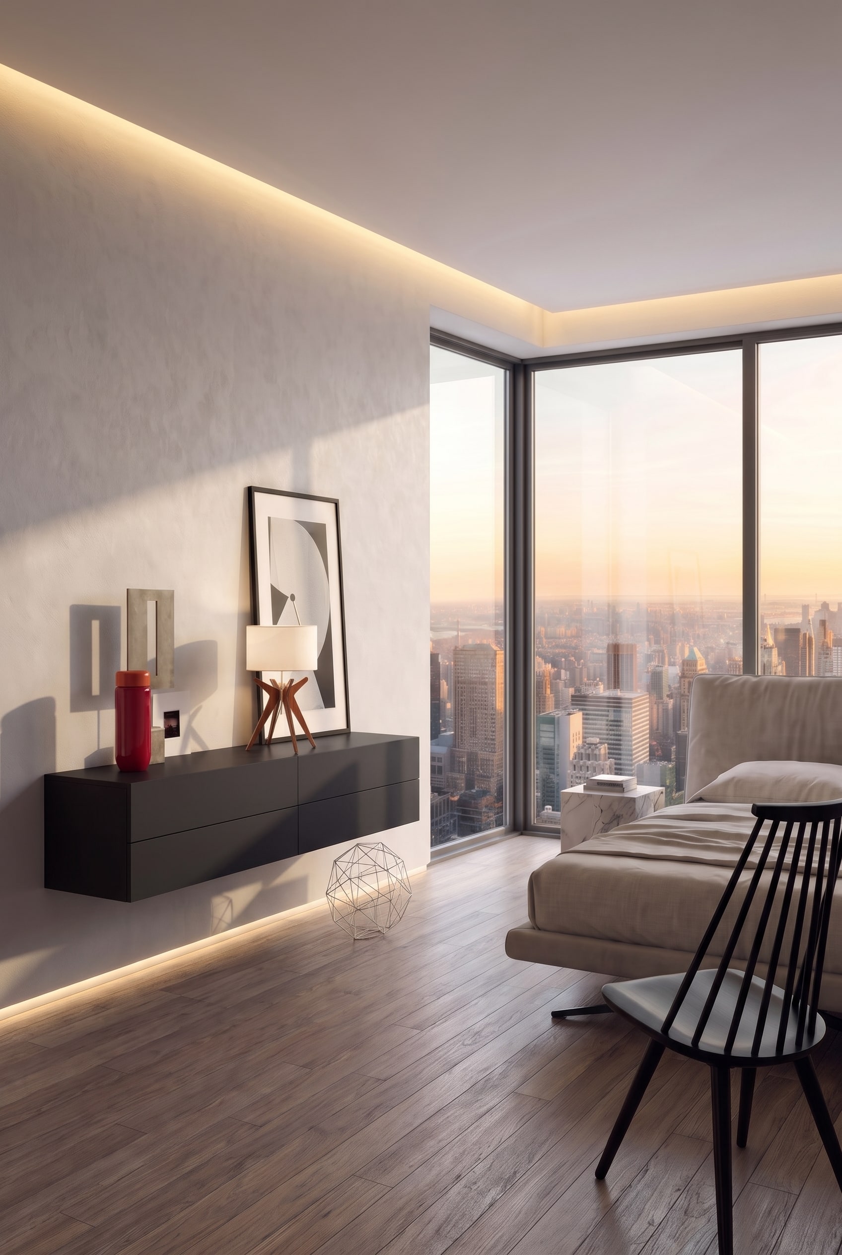 Chambre moderne avec commode suspendue flottante au mur et éclairage LED indirect sous le meuble