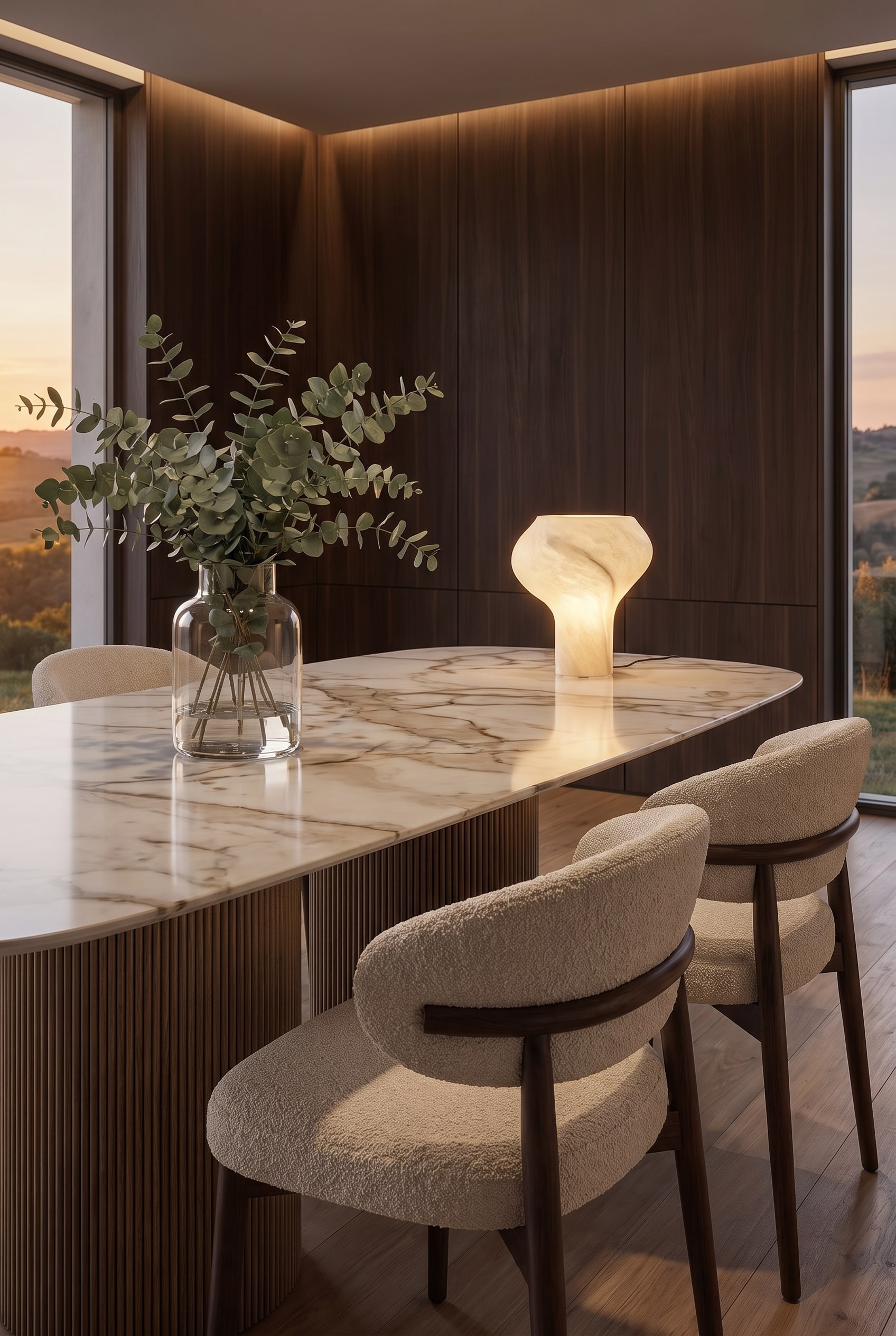 Table à manger moderne al2 dakry b 001 dans une salle à manger luxueuse et chaleureusement éclairée, qui valorise visuellement l'espace.