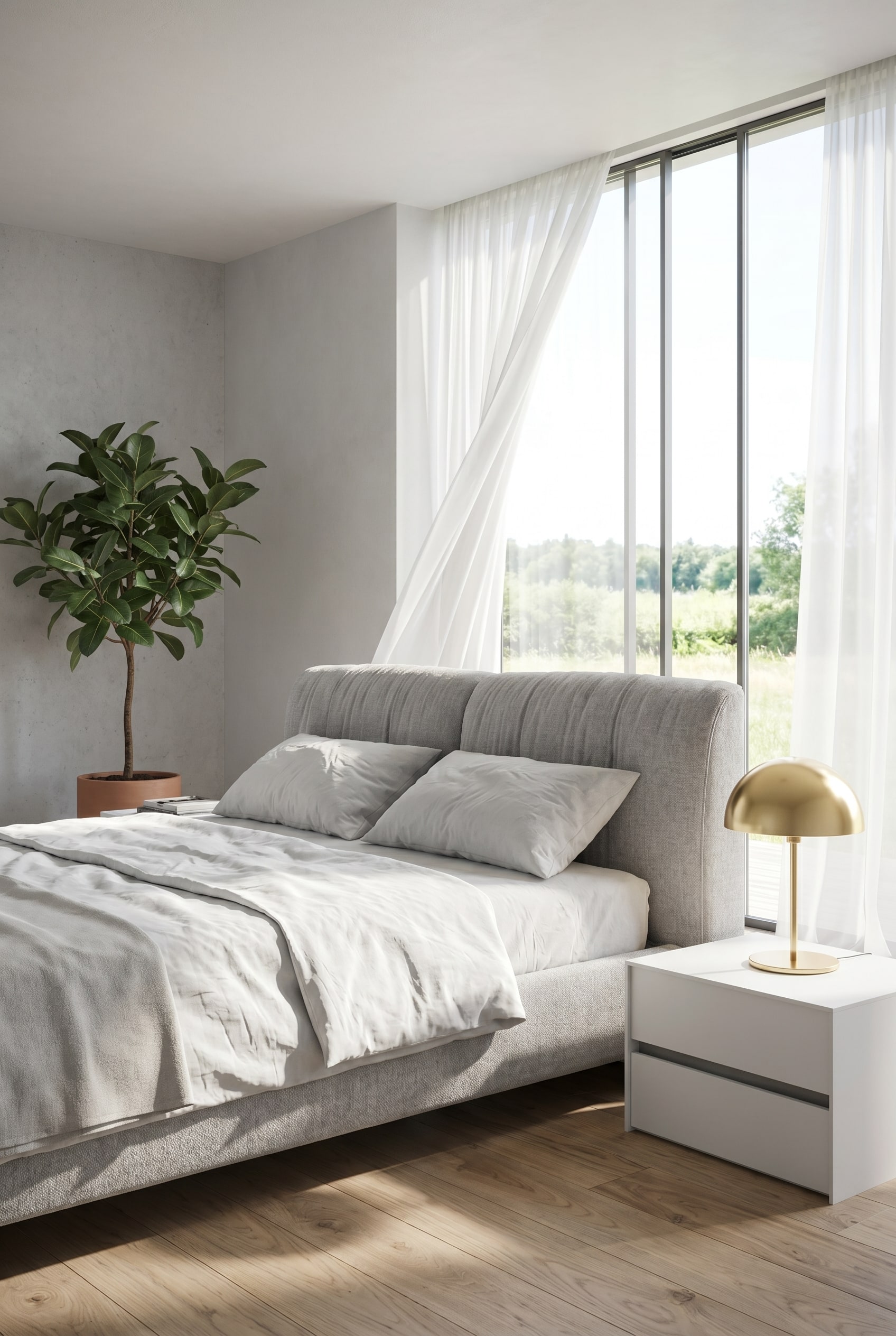 Chambre aérée avec un lit rembourré gris, de la literie en lin blanc, une lampe de table minimaliste et une grande plante verte