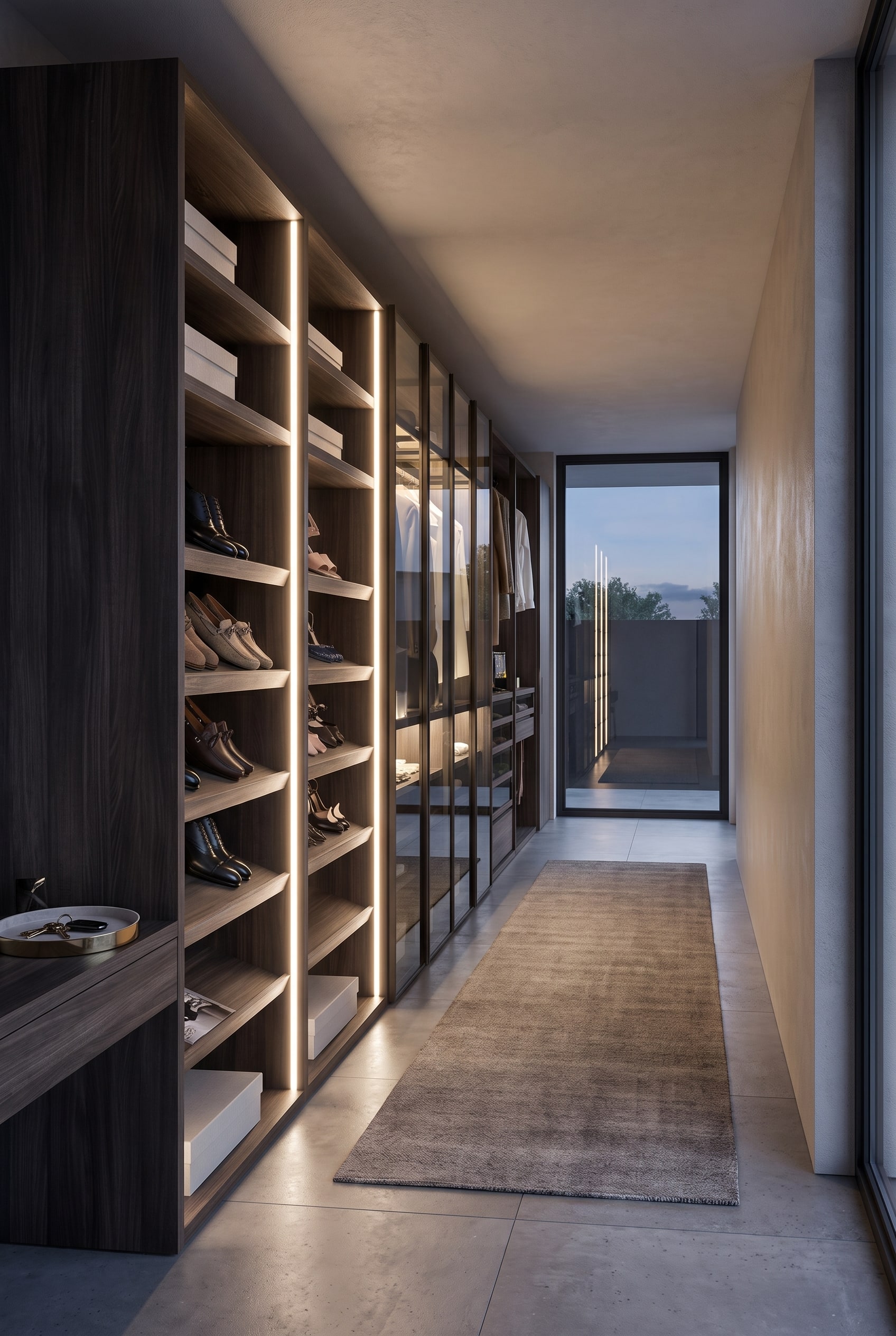 Meuble &agrave; chaussures design Livitalia &eacute;troit, &eacute;l&eacute;gamment mont&eacute; en hauteur dans un couloir moderne tr&egrave;s exigu