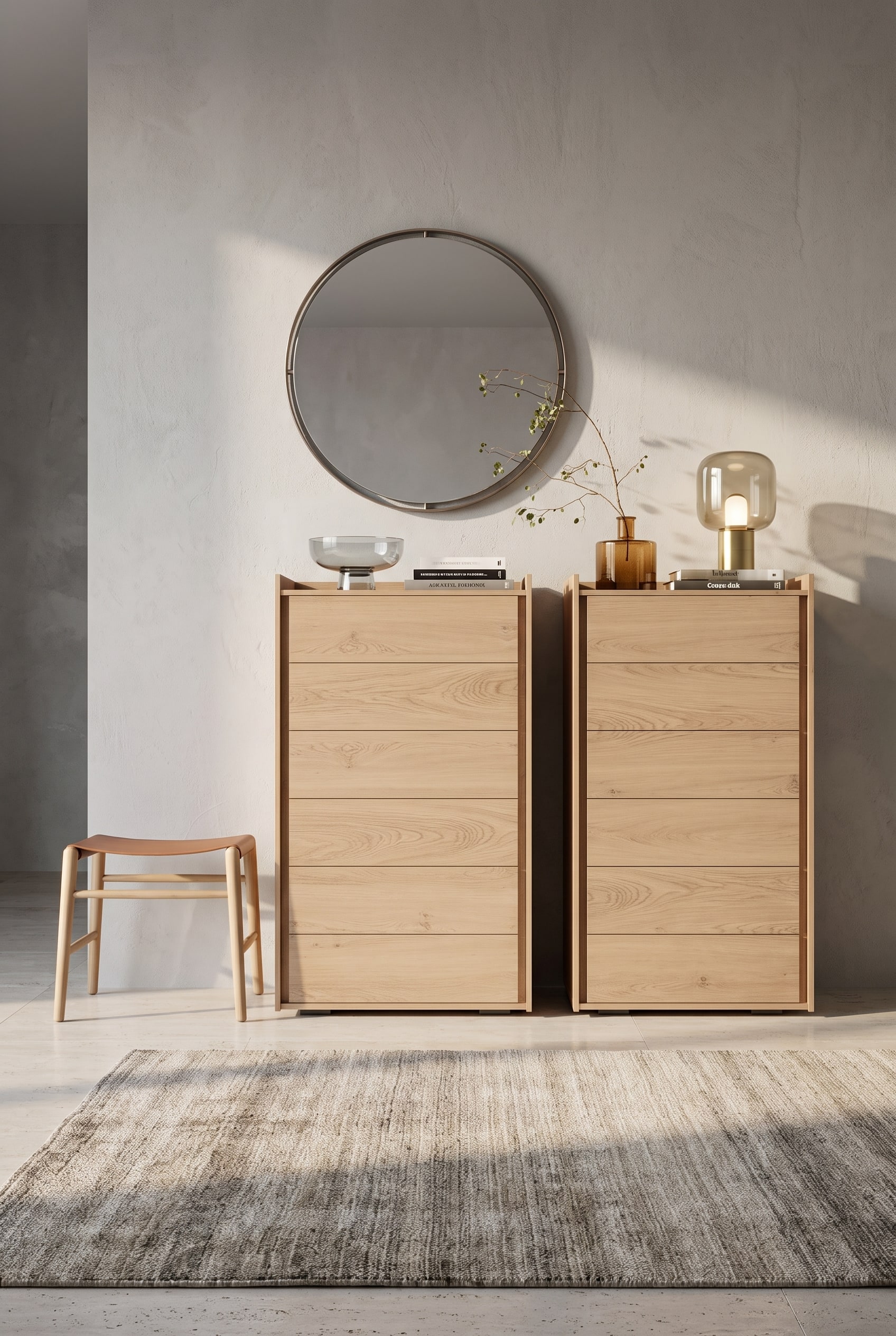 Commode haute couleur bois dans un couloir &eacute;troit, avec un petit vase de branches et une coupe en verre dessus
