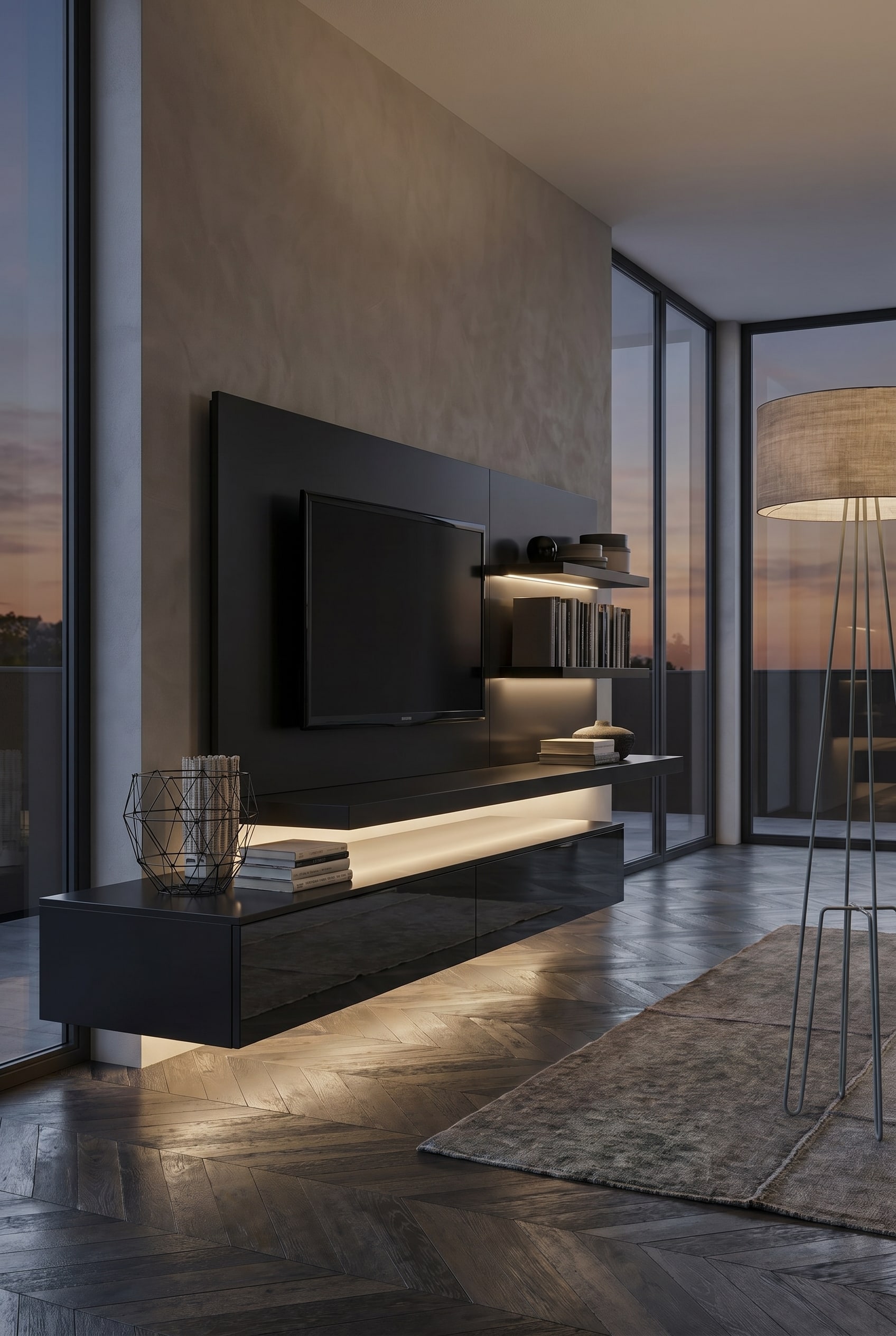 Meuble TV &eacute;clair&eacute; indirectement qui diffuse une lumi&egrave;re chaude (2700 Kelvin) dans le salon