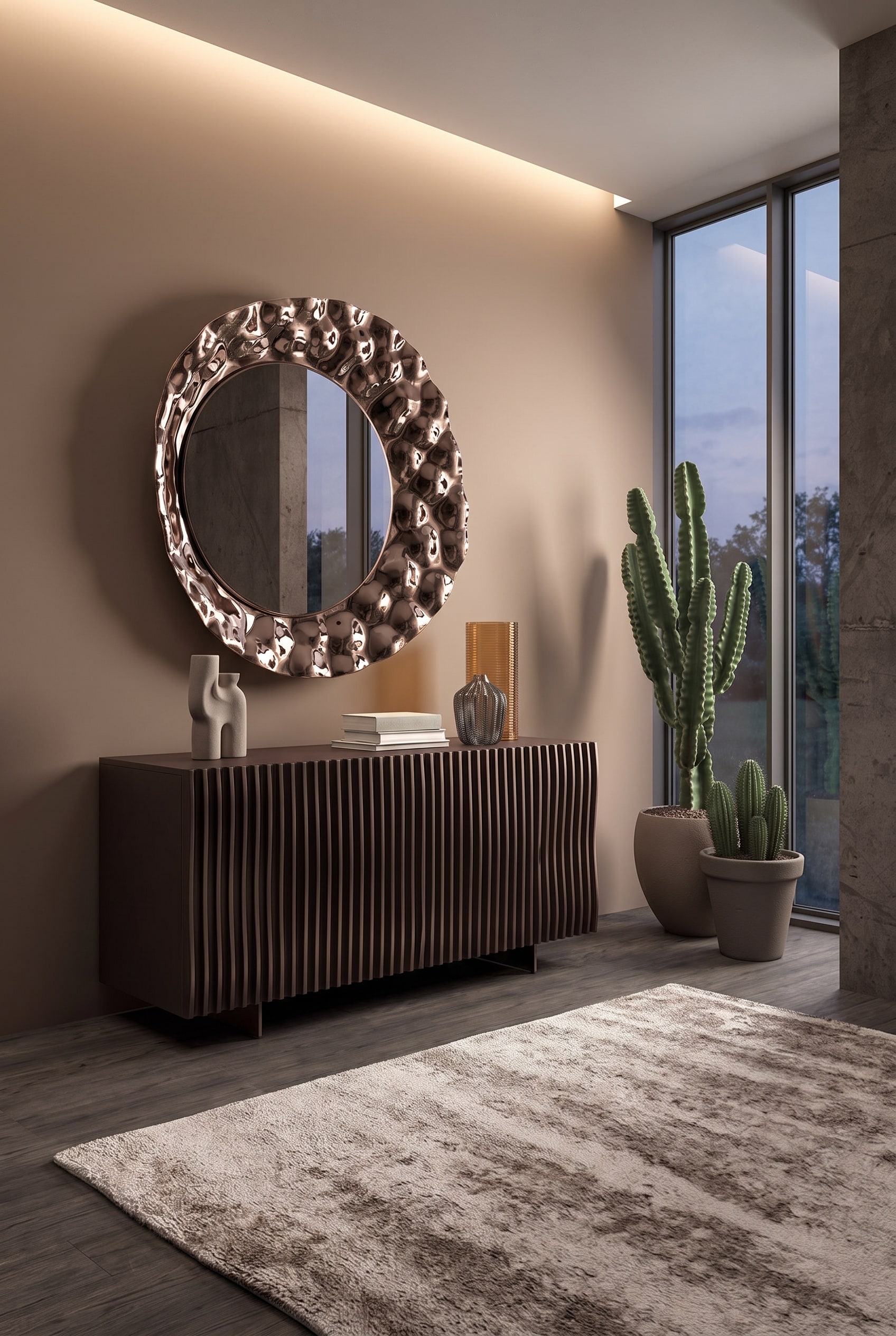 Salon moderne avec buffet Ozzio Onda &agrave; fa&ccedil;ade ondul&eacute;e devant un mur brun doux