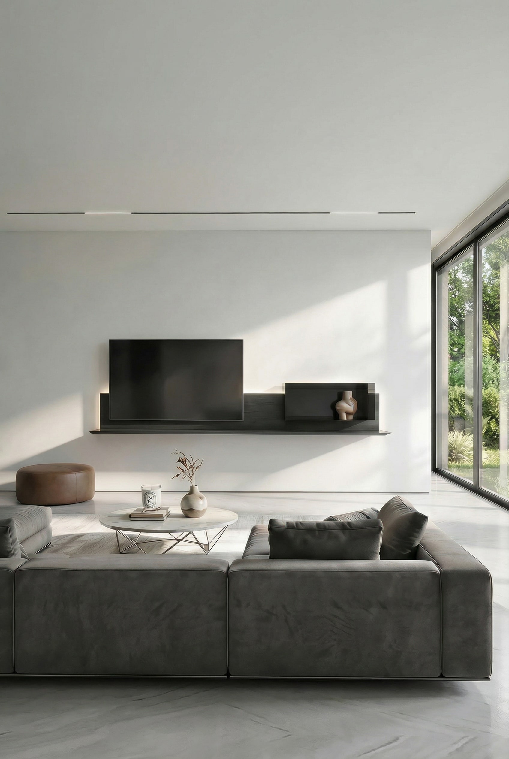 Meuble TV mural minimaliste entièrement suspendu dans le salon Meuble TV mural minimaliste entièrement suspendu dans le salon