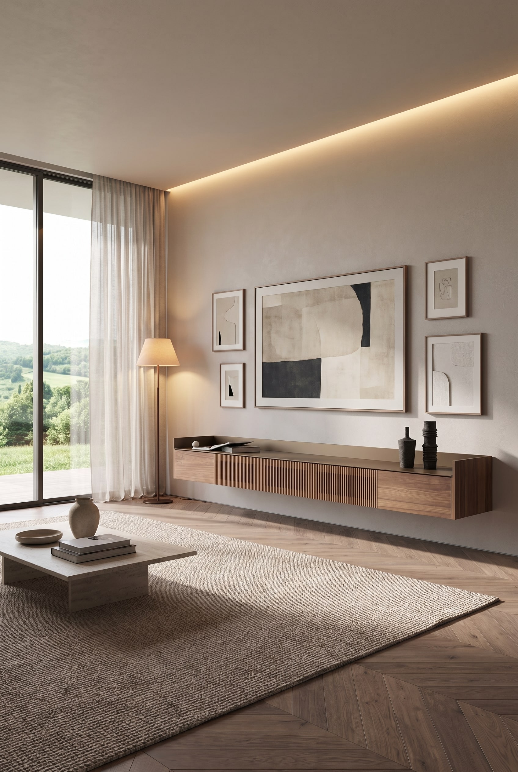 Salon moderne avec un buffet mural plat en bois massif et un grand tableau d'art au-dessus