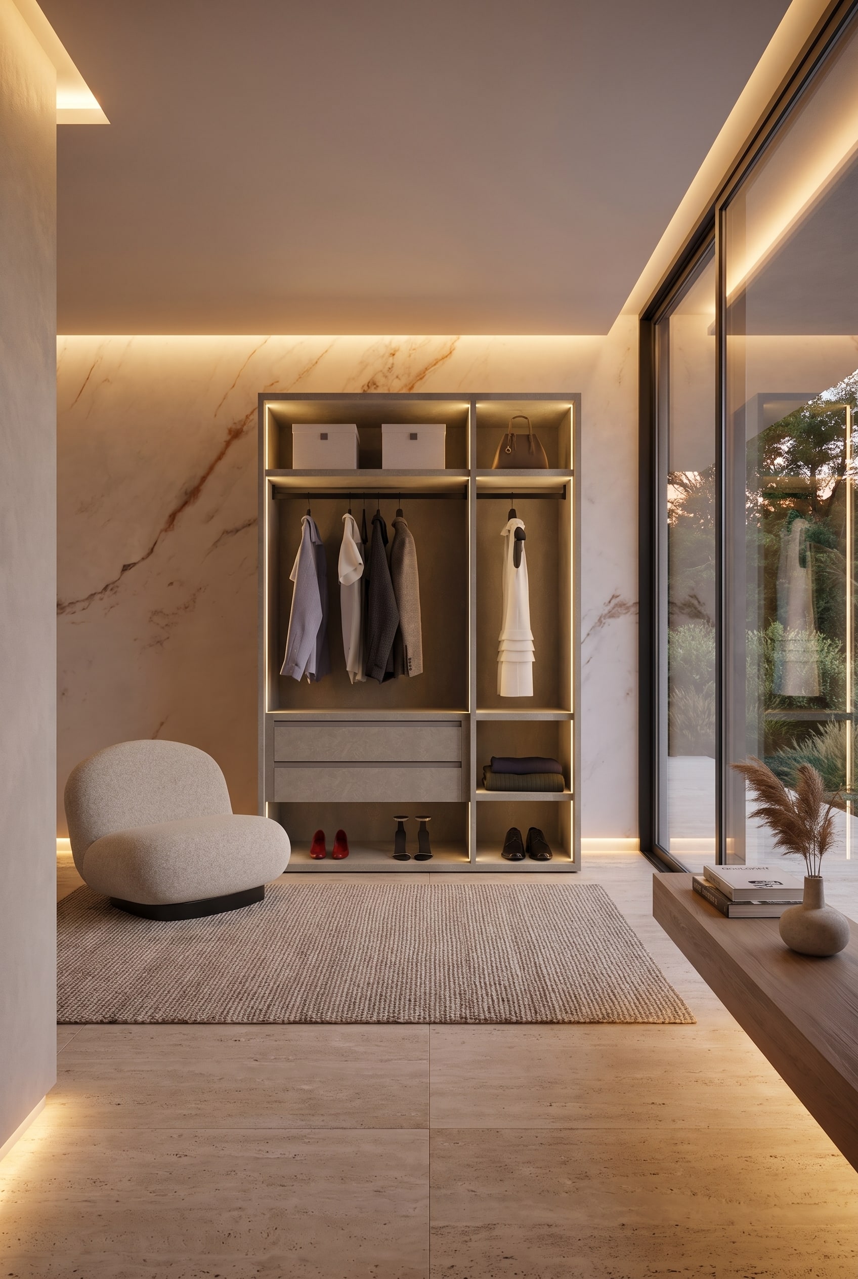Un meuble à chaussures moderne et suspendu dans le couloir avec éclairage LED indirect, complété par une élégante penderie ouverte.
