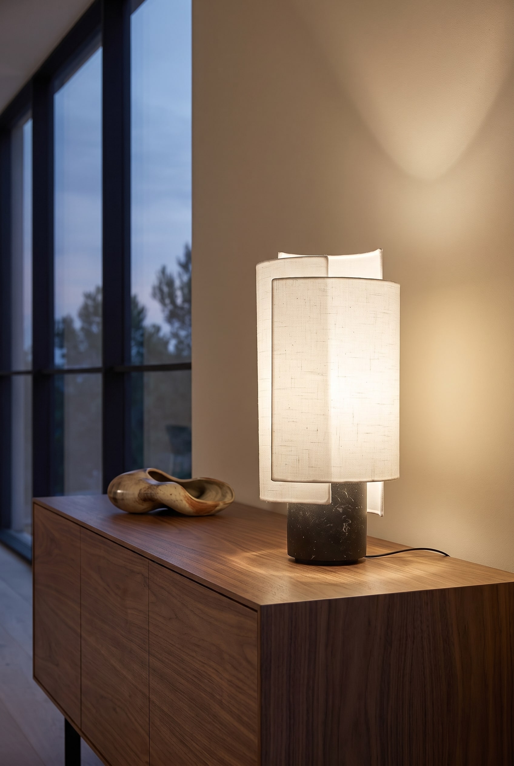 Elegantes Esszimmer mit flachem Holz-Sideboard, darauf eine skulpturale Tischleuchte mit warmweißem Licht und schwerem Marmorfuß