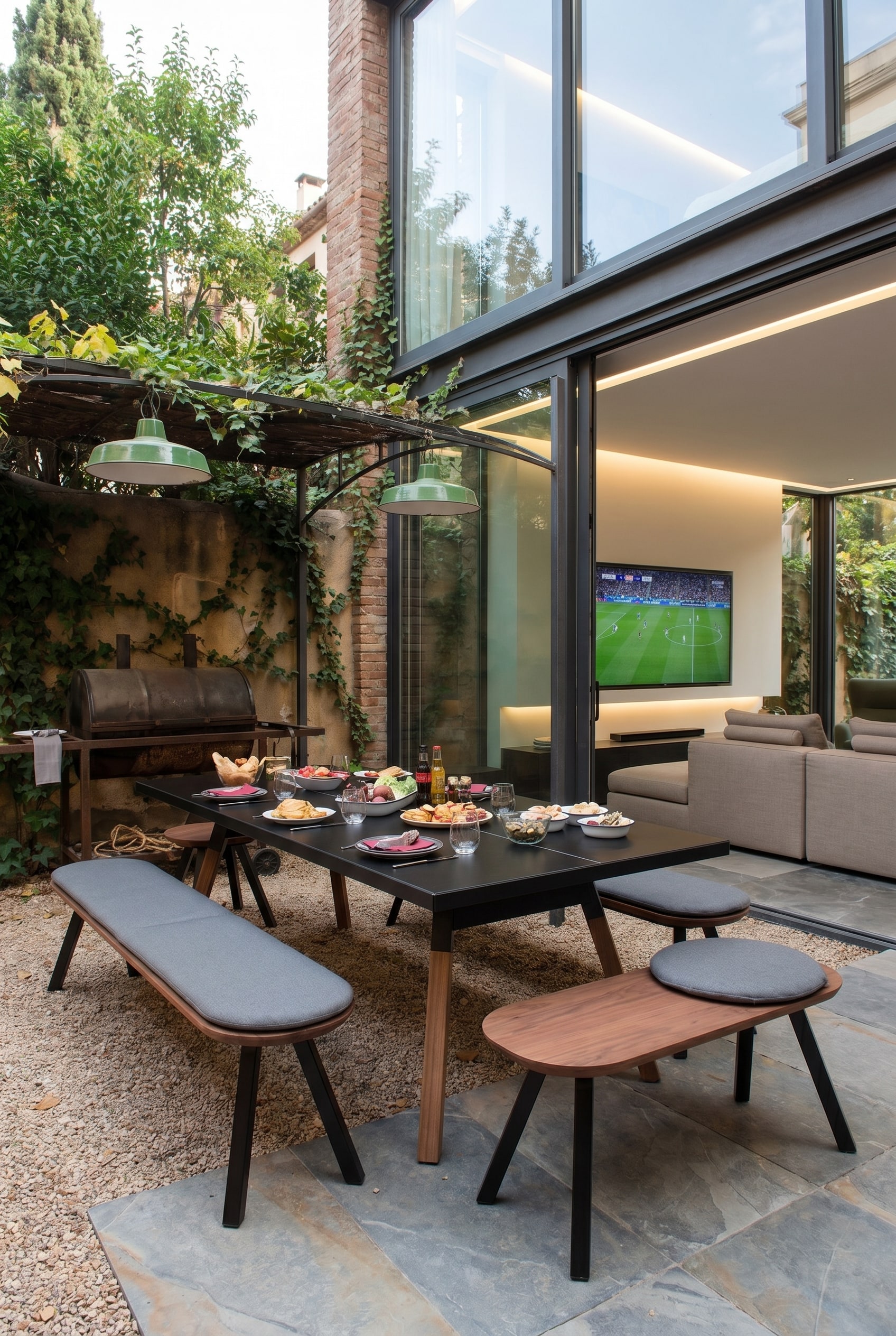 Holzbank mit grauen Sitzkissen auf einer Terrasse im Freien vor einem schwarzen Tisch und einem gro&szlig;en Grill