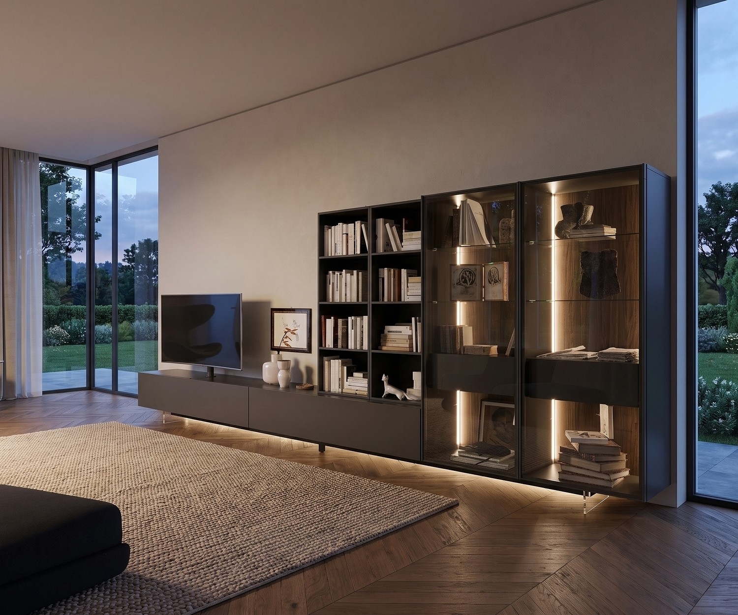 Socle TV transparent Livitalia sous un meuble bas sombre dans le salon pour un effet suspendu et moderne.