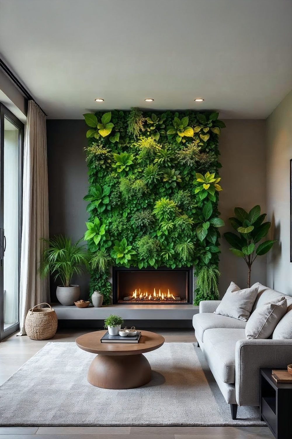 salon-cosy-style-maison-de-campagne-francaise-avec-canape-gris-table-en-bois-remarquable-et-mur-vegetal-jungle