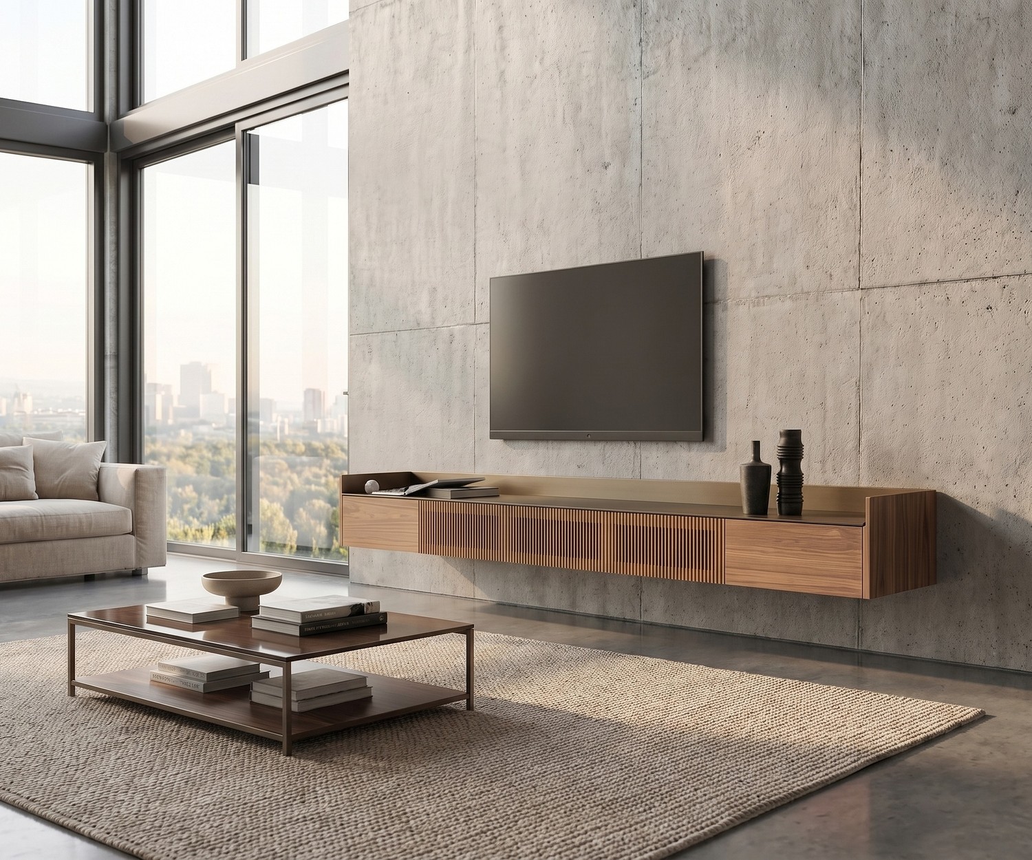 Punt Stockholm Slim Wand TV Sideboard Punt Stockholm Slim Wand TV Sideboard aus Holz mit Gold-Top im modernen Wohnzimmer an Sichtbetonwand.