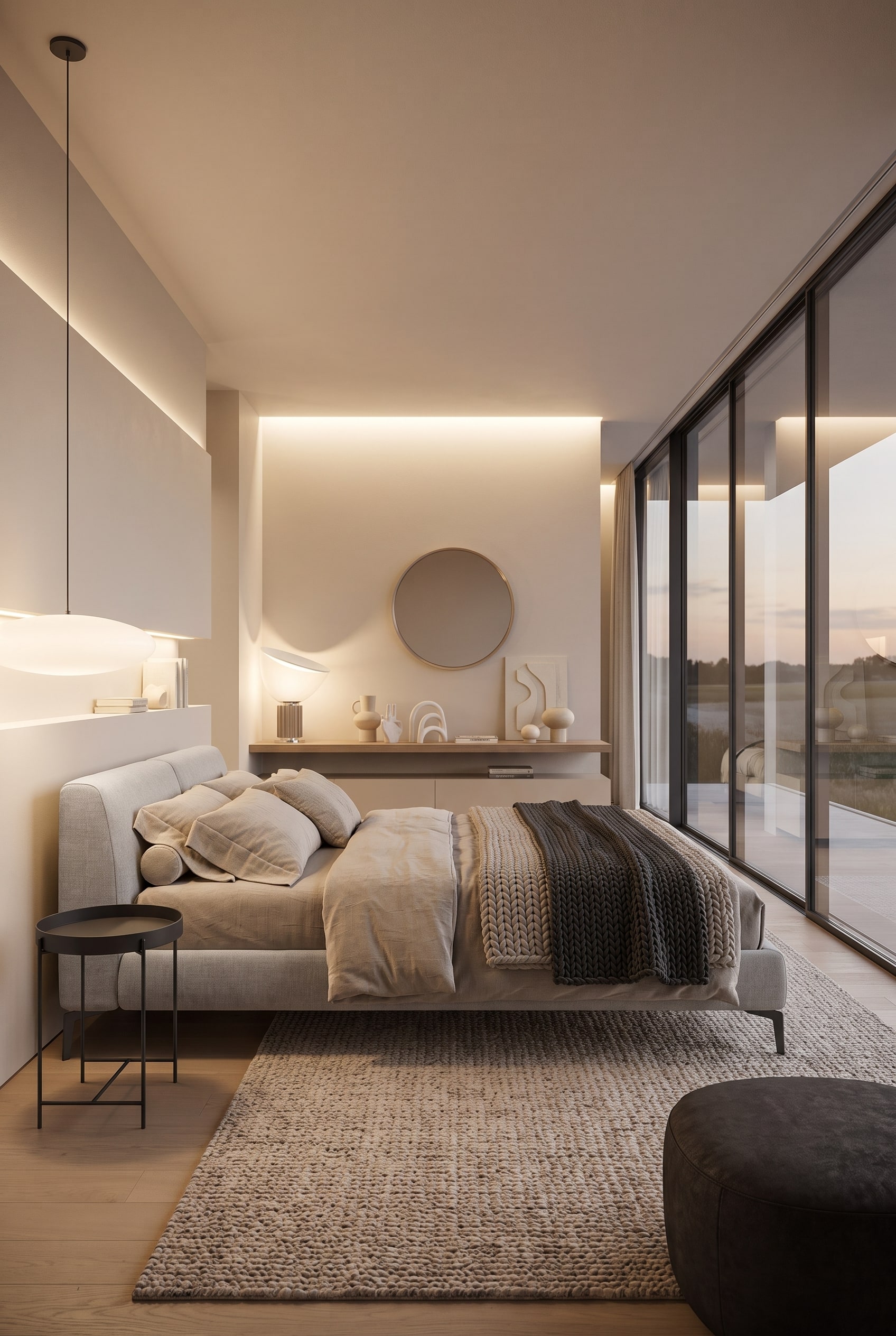 Une chambre monochrome dans des tons beiges clairs avec l'&eacute;l&eacute;gant lit rembourr&eacute; Novamobili Margot et des textiles multicouches apaisants.