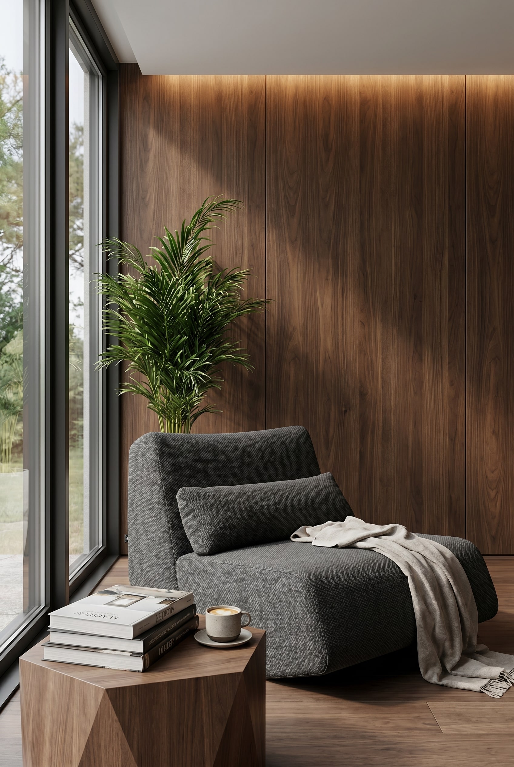 Gemütliche Leseecke im Wohnzimmer mit dunklen Holzpaneelen und einem dunkelgrauen fließend geformten Lounge-Sessel