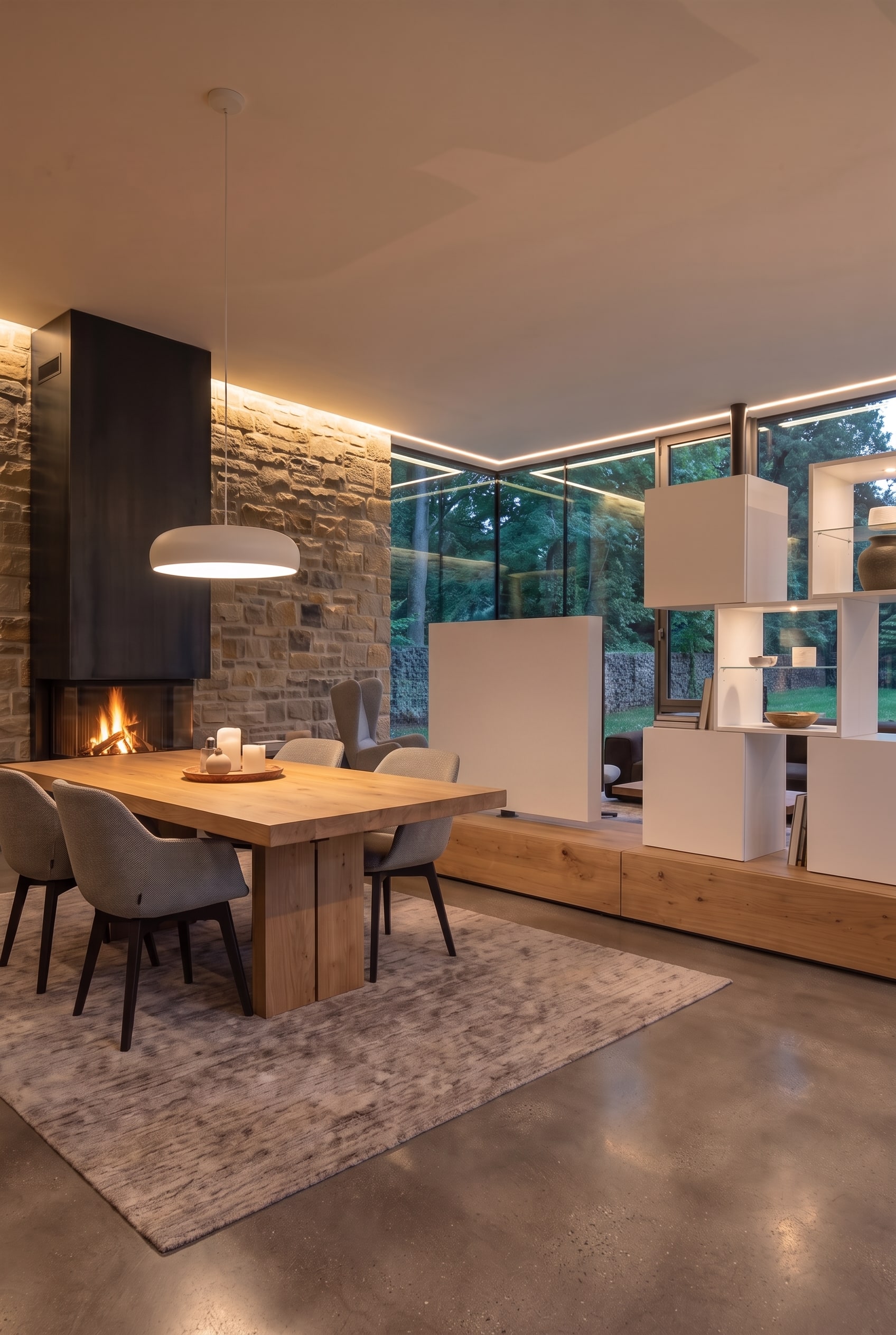 Weiße Rückseite eines puristischen Raumteilers grenzt das Wohnzimmer elegant von einem Essbereich mit modernem Holztisch ab.