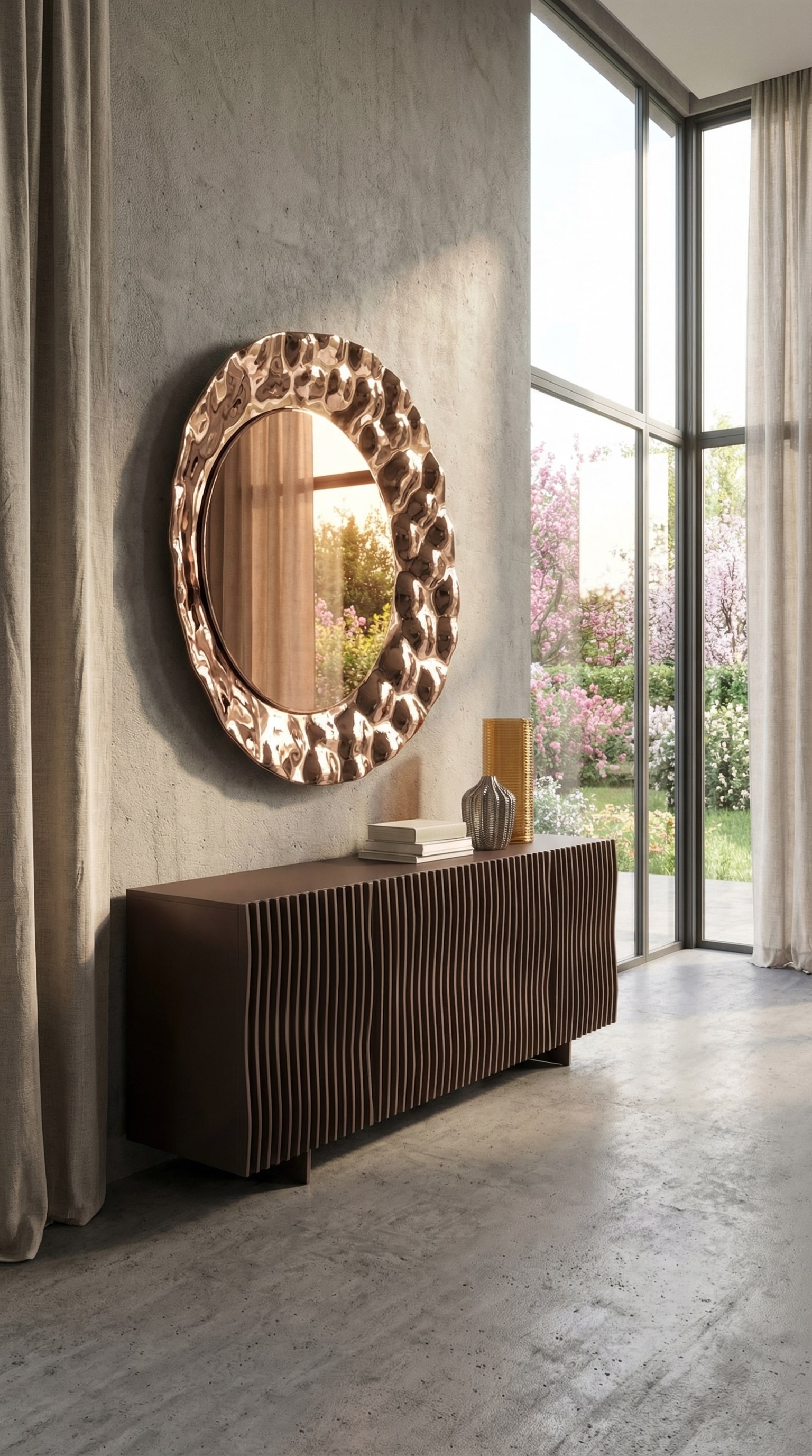 Wohnzimmer mit einem braunen Sideboard, dessen Front aus organischen Wellen besteht, im warmen Frühlingslicht. Wohnzimmer mit einem braunen Sideboard, dessen Front aus organischen Wellen besteht, im warmen Frühlingslicht.