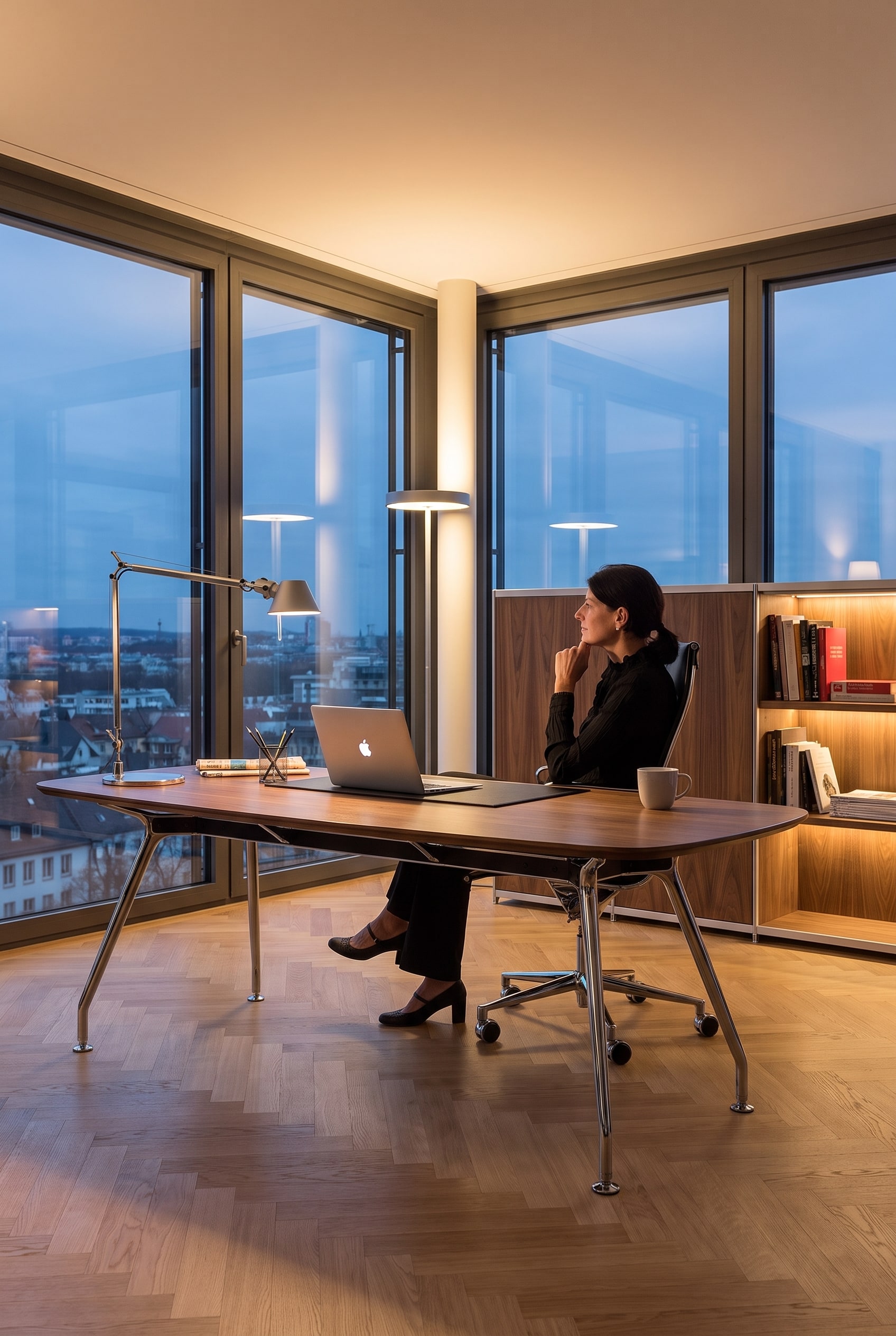 La chaise de bureau ICF Una Chair Management avec pi&egrave;tement en aluminium devant un &eacute;l&eacute;gant bureau en bois dans un bureau &agrave; domicile styl&eacute;
