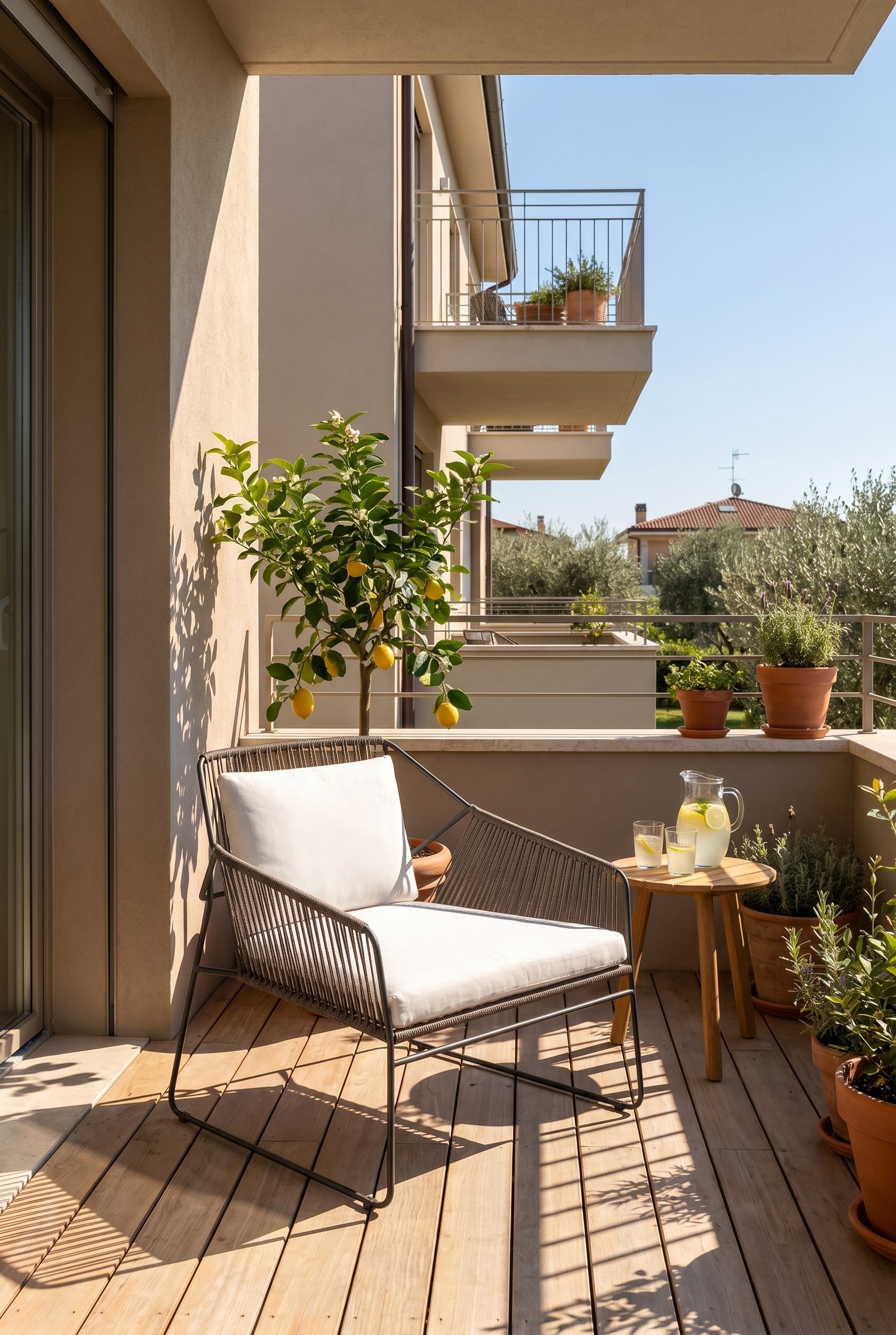 Balcon ensoleill&eacute; avec un &eacute;l&eacute;gant fauteuil en acier inoxydable et un rev&ecirc;tement en corde ouverte anthracite