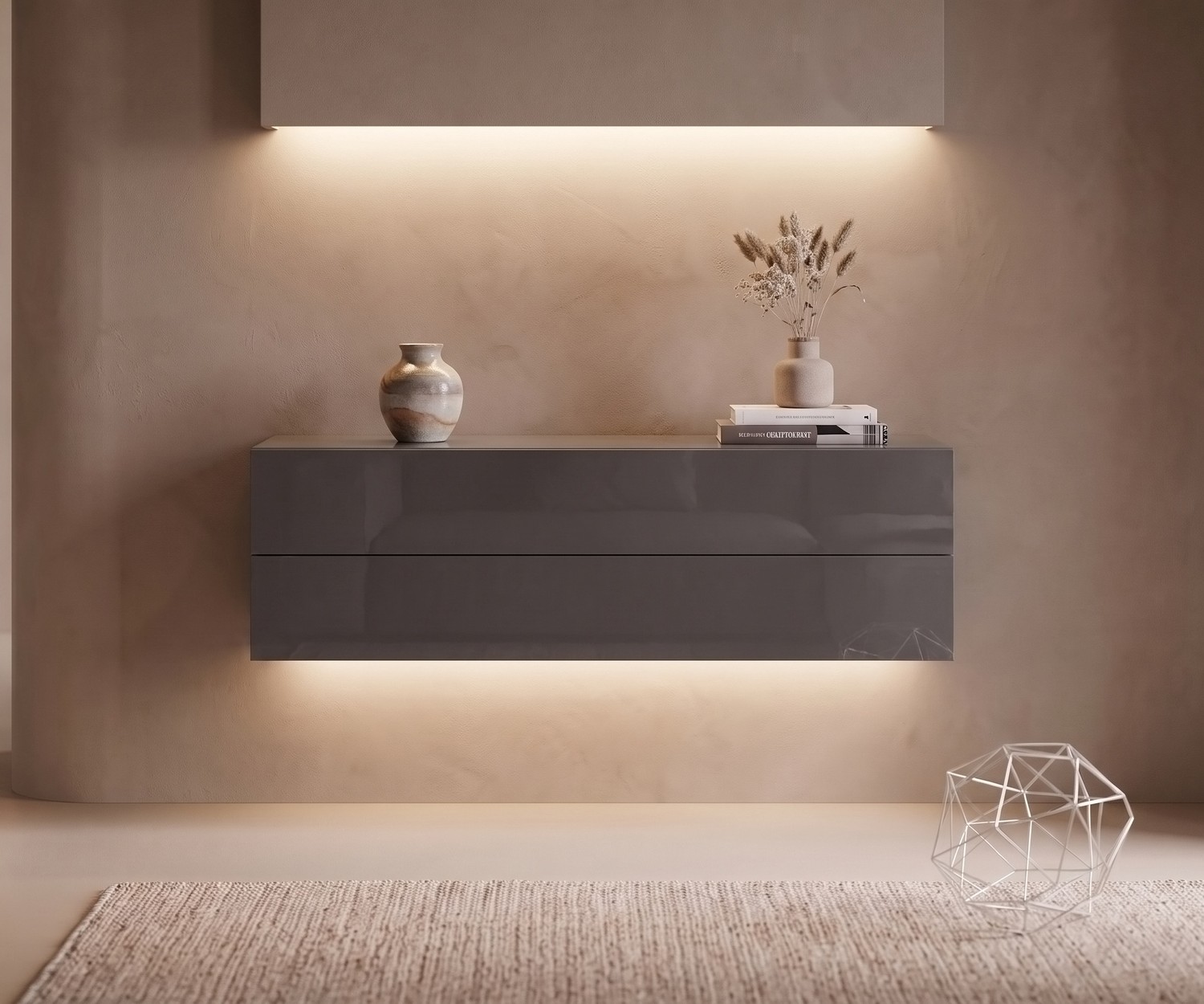 Commode suspendue Easy de Novamobili avec LED Commode suspendue Easy de Novamobili. Buffet suspendu de salon gris quartz au style minimaliste avec éclairage LED.