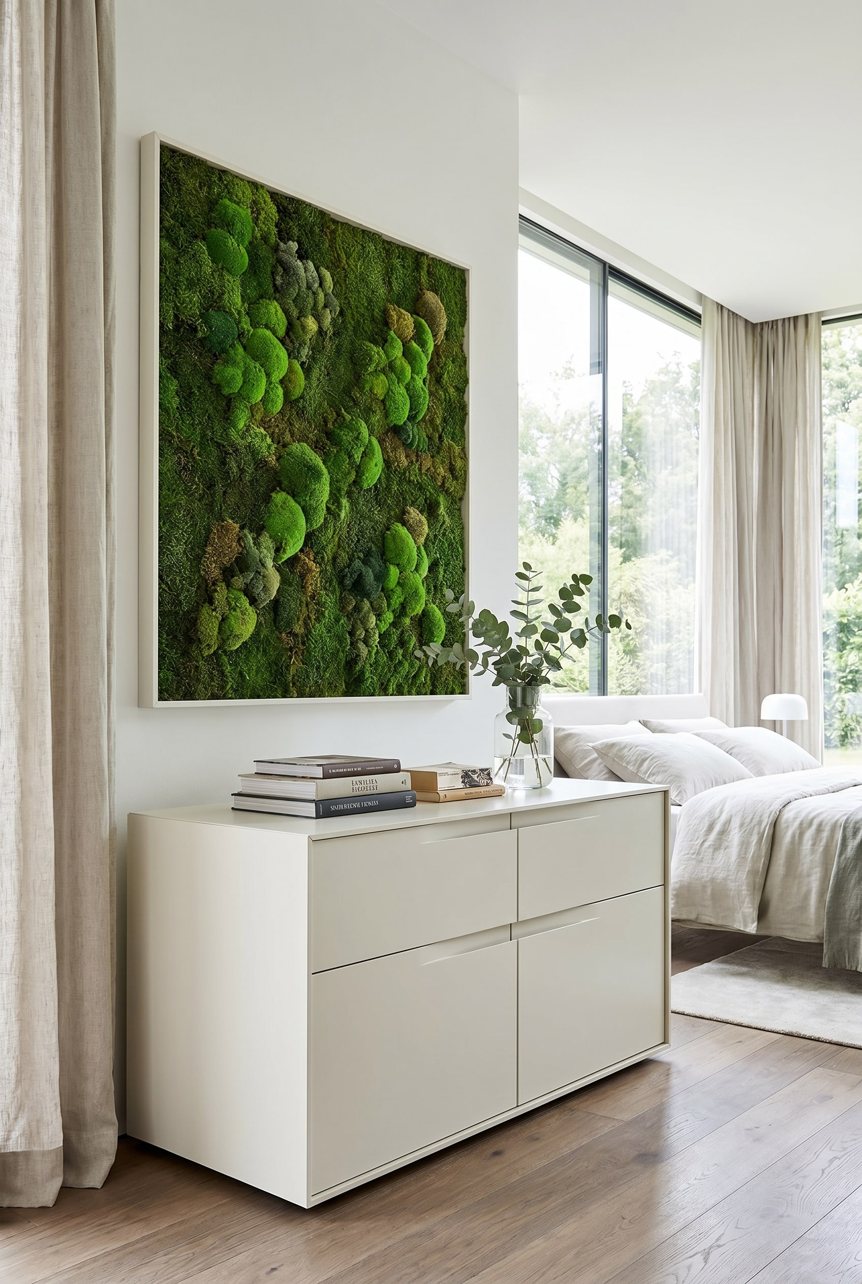 Minimalistisches Schlafzimmer mit griffloser, monolithischer Kommode in Cremeweiß, darüber ein Moosbild und ein Buchstapel