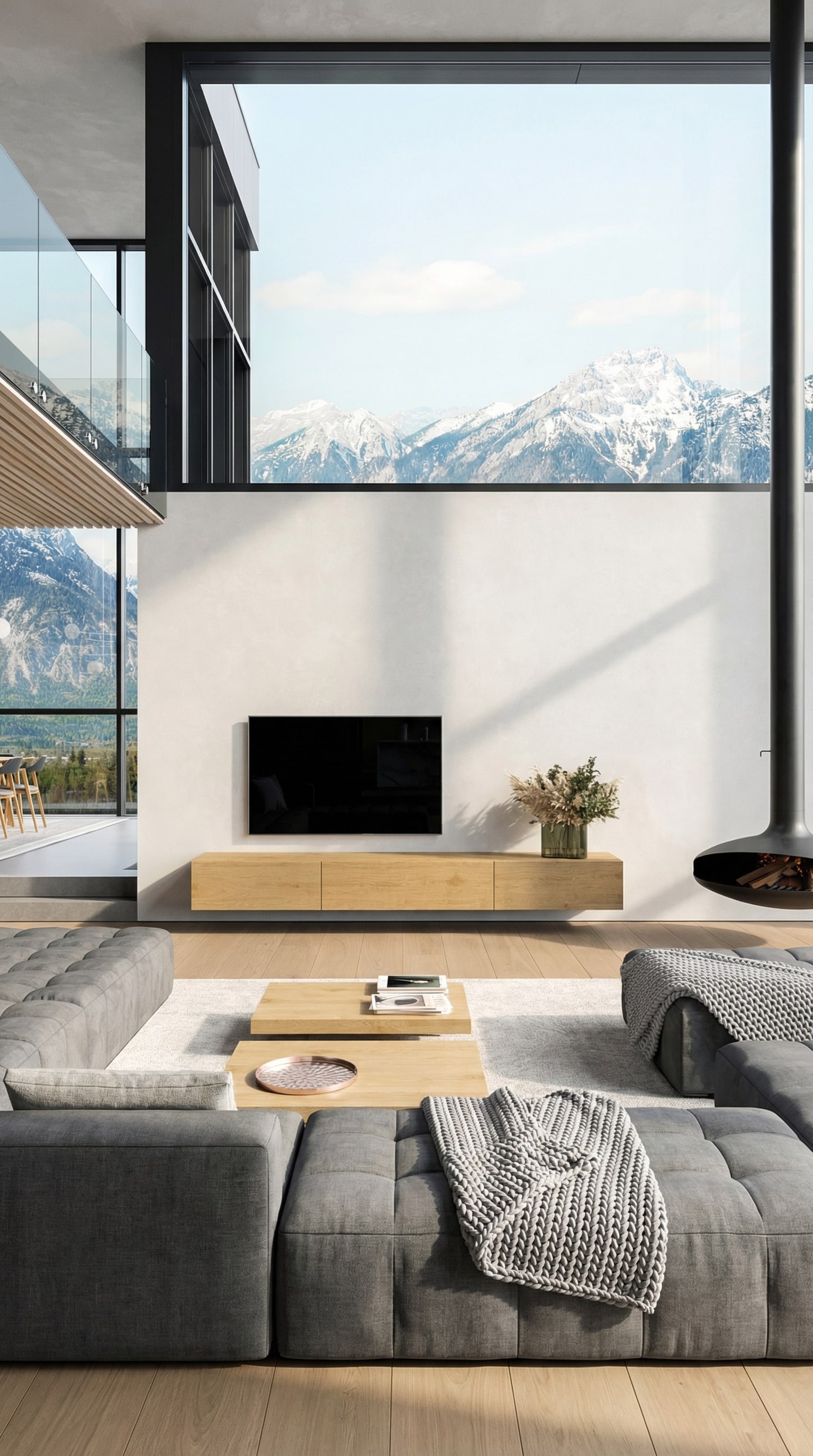 Un lowboard flottant en bois de chêne chaud dans une pièce moderne Un lowboard flottant en bois de chêne chaud dans une pièce moderne