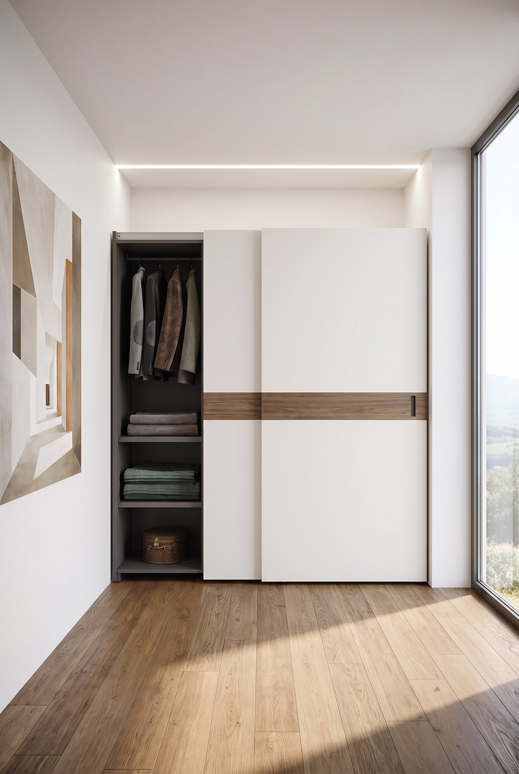 Couloir avec un mur d'armoires à portes coulissantes flottantes en blanc mat, poignée dissimulée et parquet en chêne continu