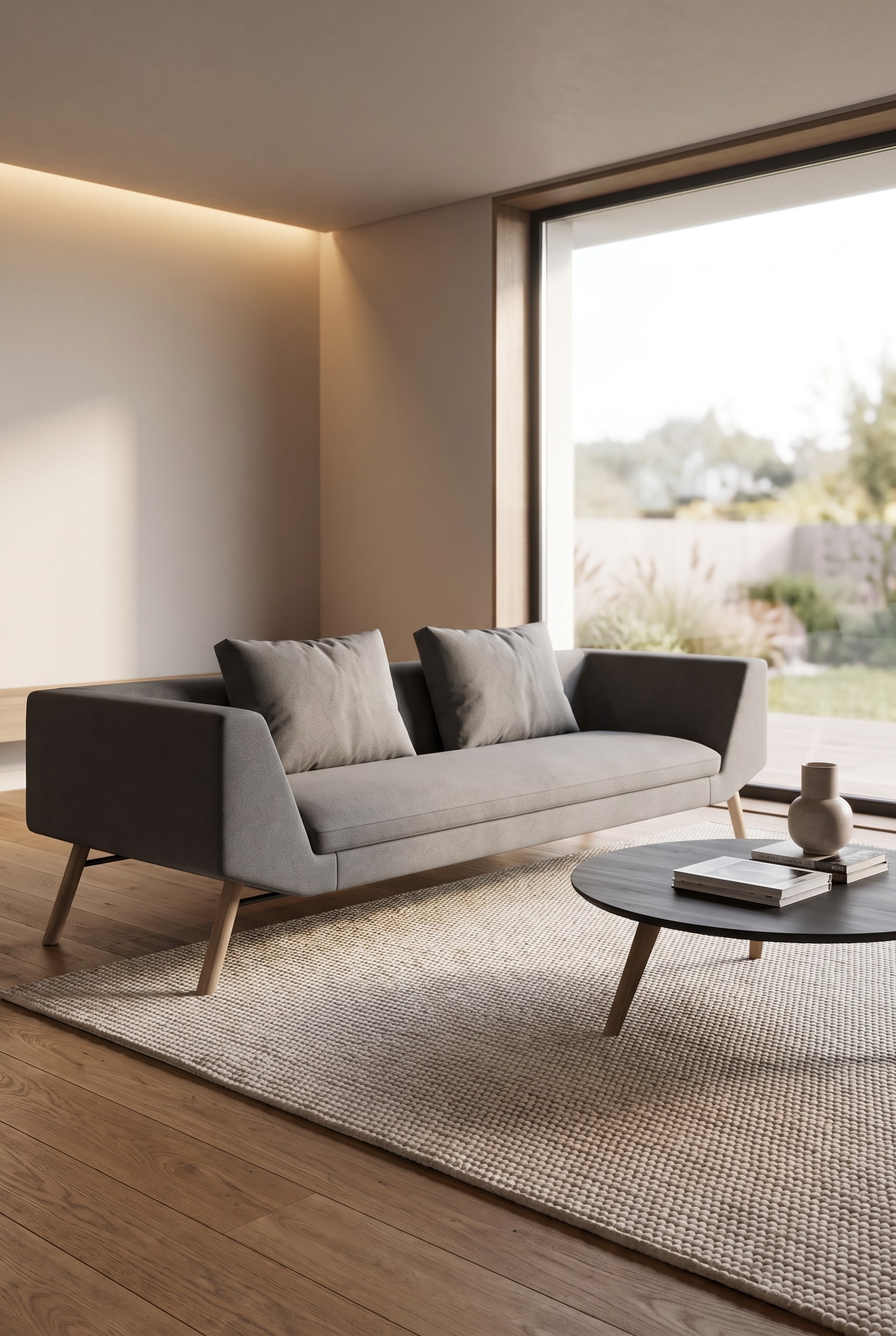 Ein Wohnzimmer mit dem eleganten Prostoria Sofa Combine, dessen Vorderbeine b&uuml;ndig auf einem hellen Teppich positioniert sind, w&auml;hrend die Hinterbeine auf dem Holzfu&szlig;boden stehen.