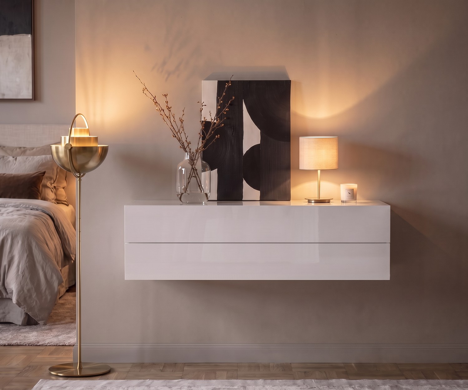 Schwebende Hängekommode Novamobili Easy in Weiß Hängekommode Novamobili Easy als Schlafzimmer-Sideboard, schwebende Kommode in Weiß im modernen Stil.