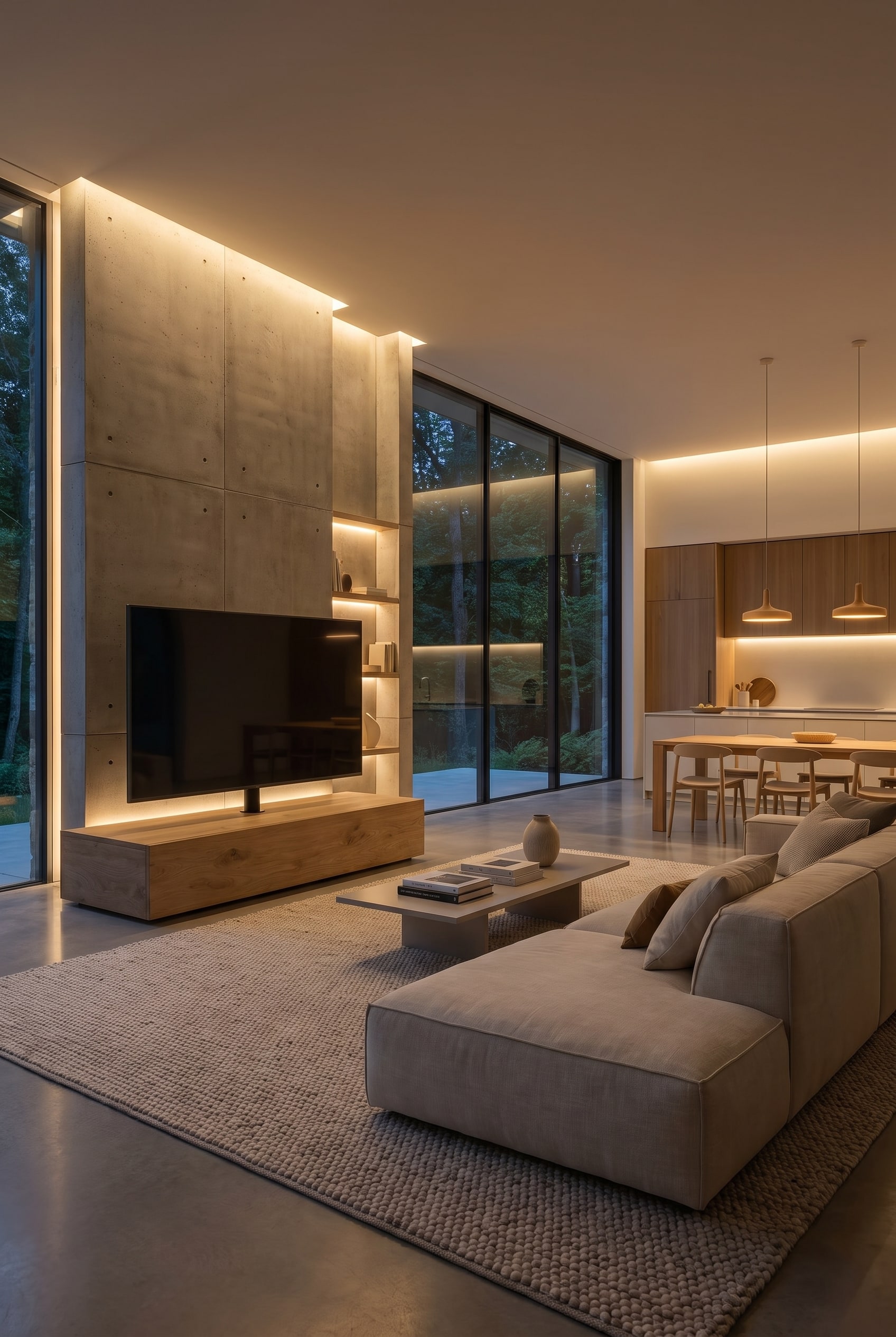 Chambre compacte avec une colonne TV verticale extr&ecirc;mement mince, tendue entre le sol et le plafond