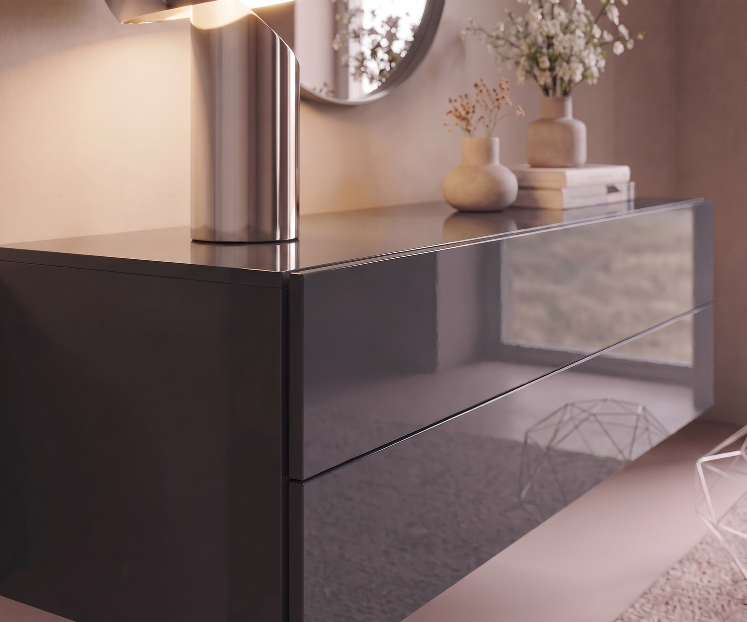 Commode suspendue Novamobili Easy en quartz brillant Commode suspendue Easy par Novamobili pour l'entrée, laqué brillant quartz, design italien minimaliste et moderne.