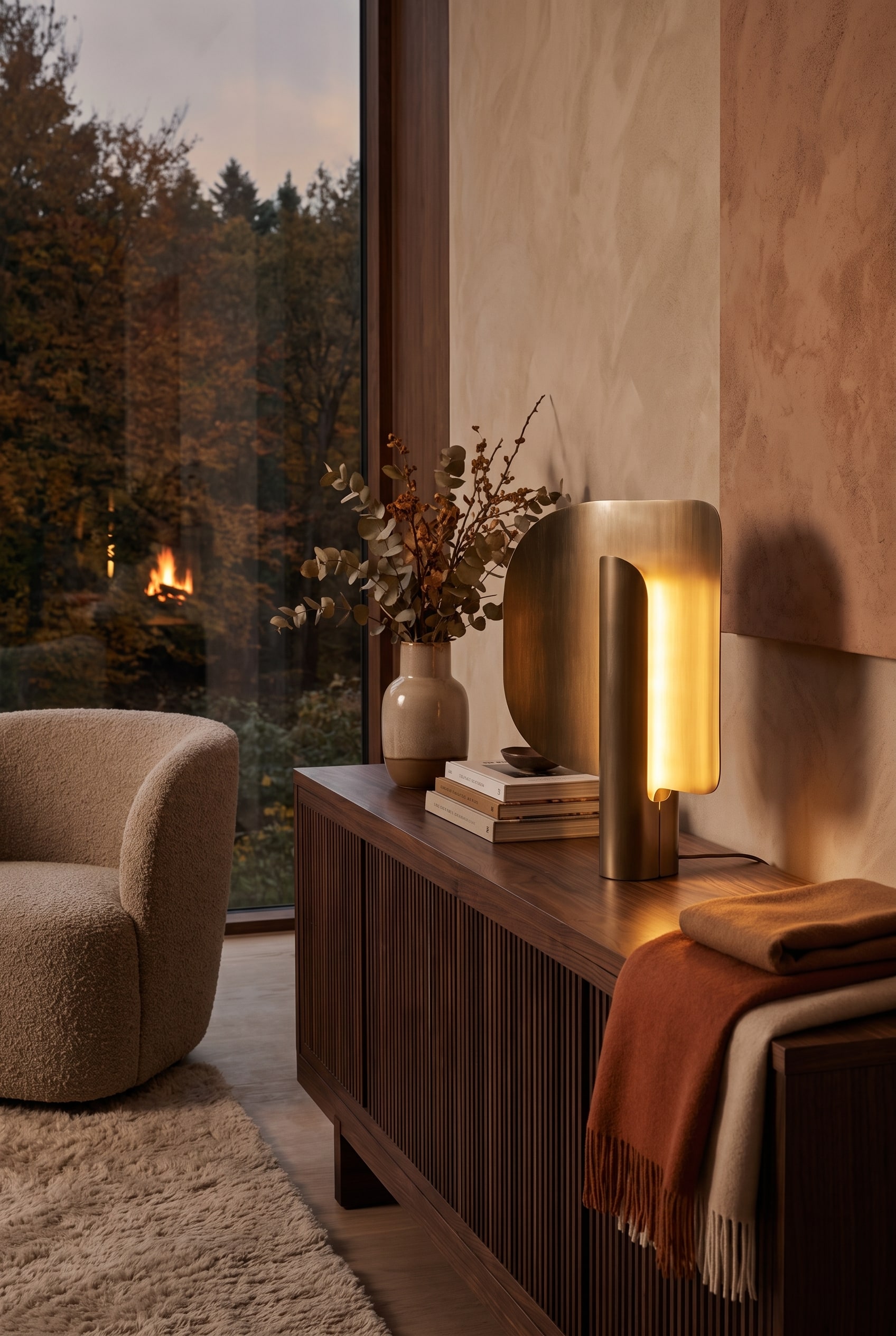 Lampe de table avec lumi&egrave;re de r&eacute;flexion dor&eacute;e sur un buffet en bois fonc&eacute;