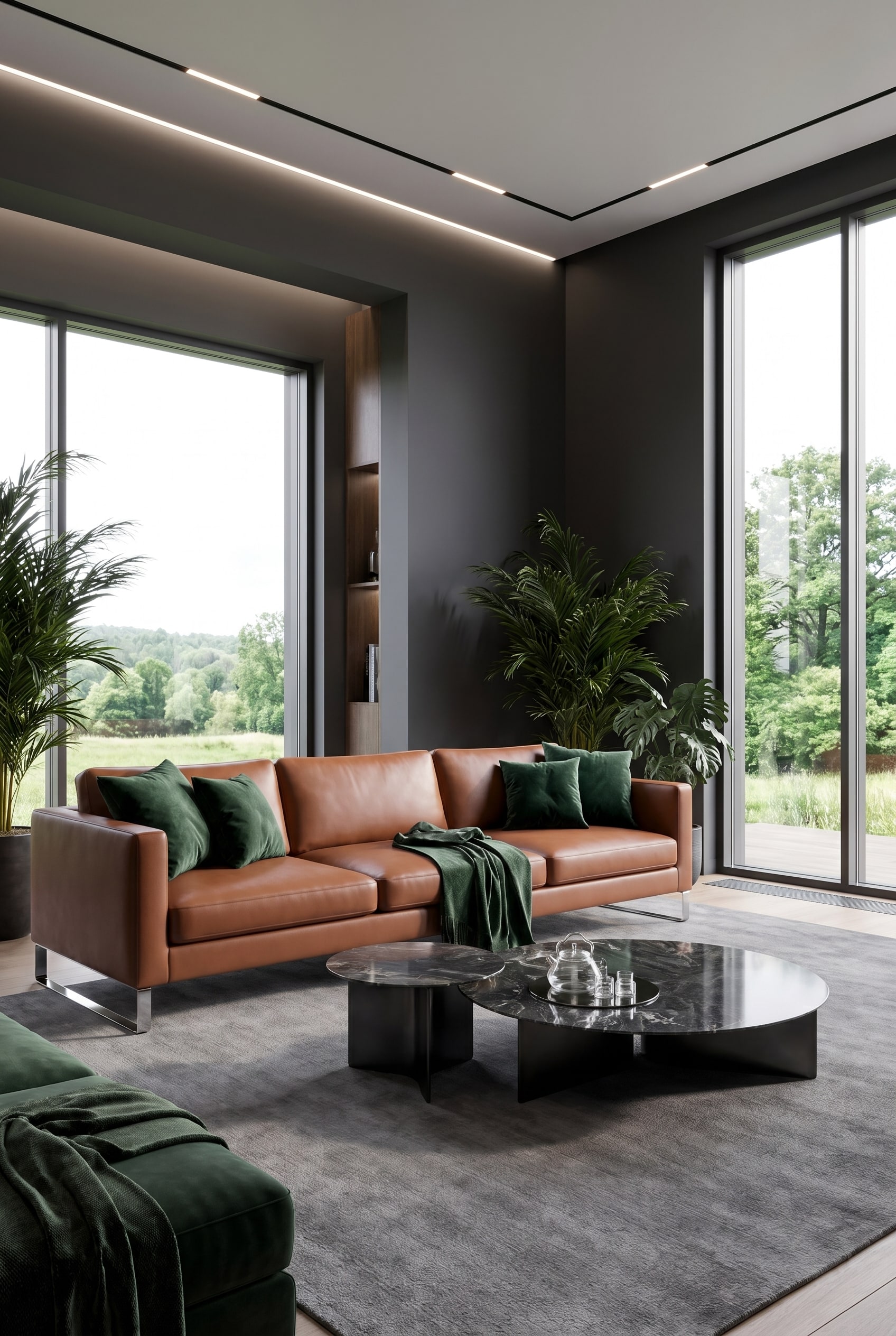 Salon moderne avec fenêtres pleine hauteur, un élégant canapé en cuir véritable couleur cognac, des murs clairs et une grande plante d'intérieur vert foncé
