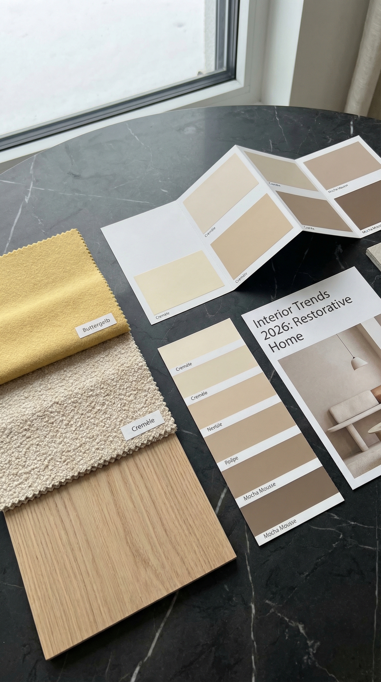 Moodboard avec échantillons de tissus en jaune beurre, bouclé et bois clair Moodboard avec échantillons de tissus en jaune beurre, bouclé et bois clair