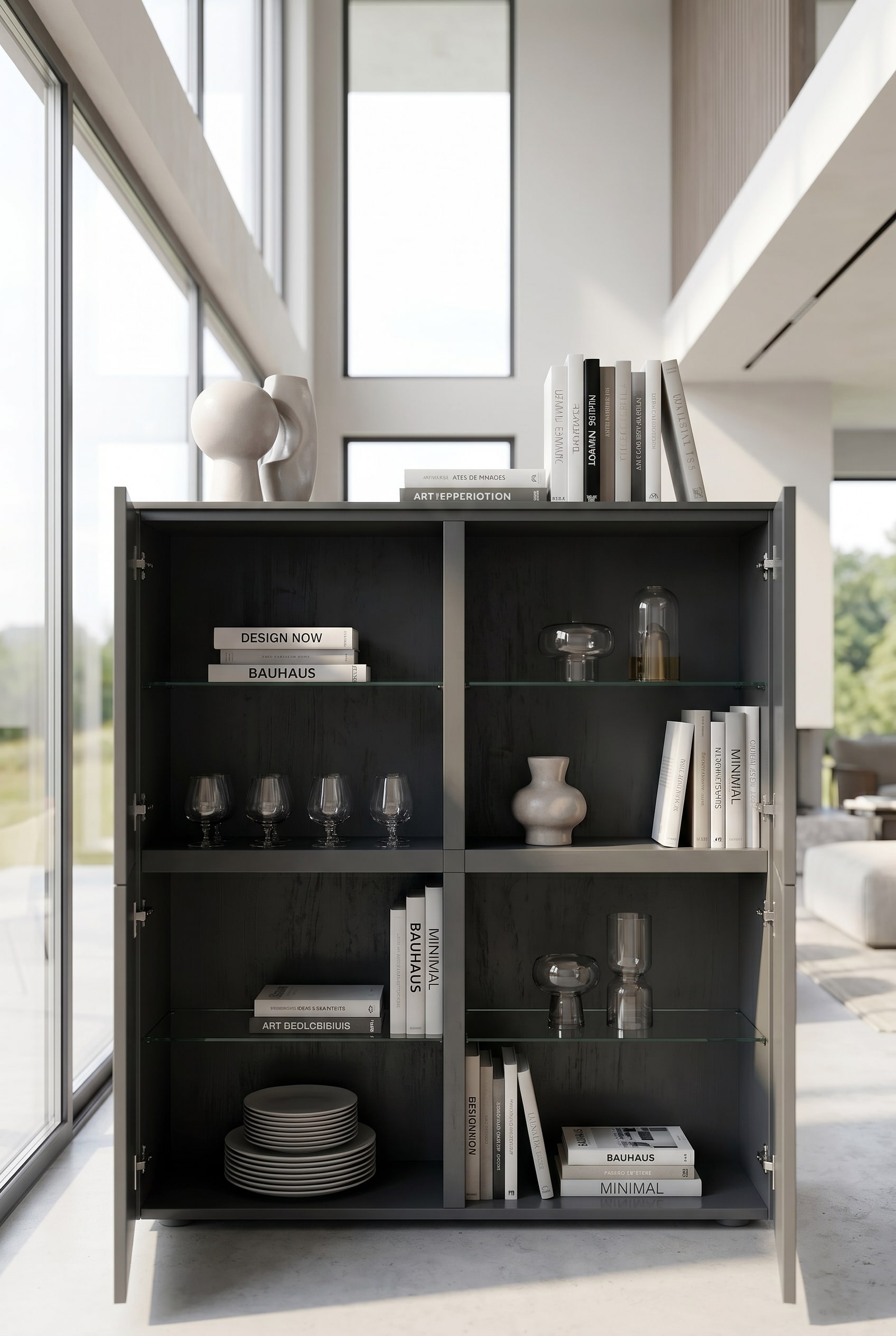 Vue d&eacute;taill&eacute;e d'un rangement organis&eacute; pour assiettes et verres