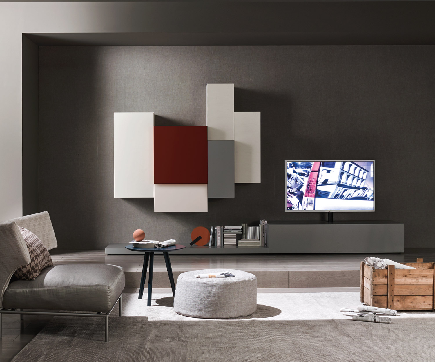Exklusive Livitalia Design Wohnwand C49 mit TV Säulen Halterung Exklusive Livitalia Design Wohnwand C49 mit TV Säulen Halterung