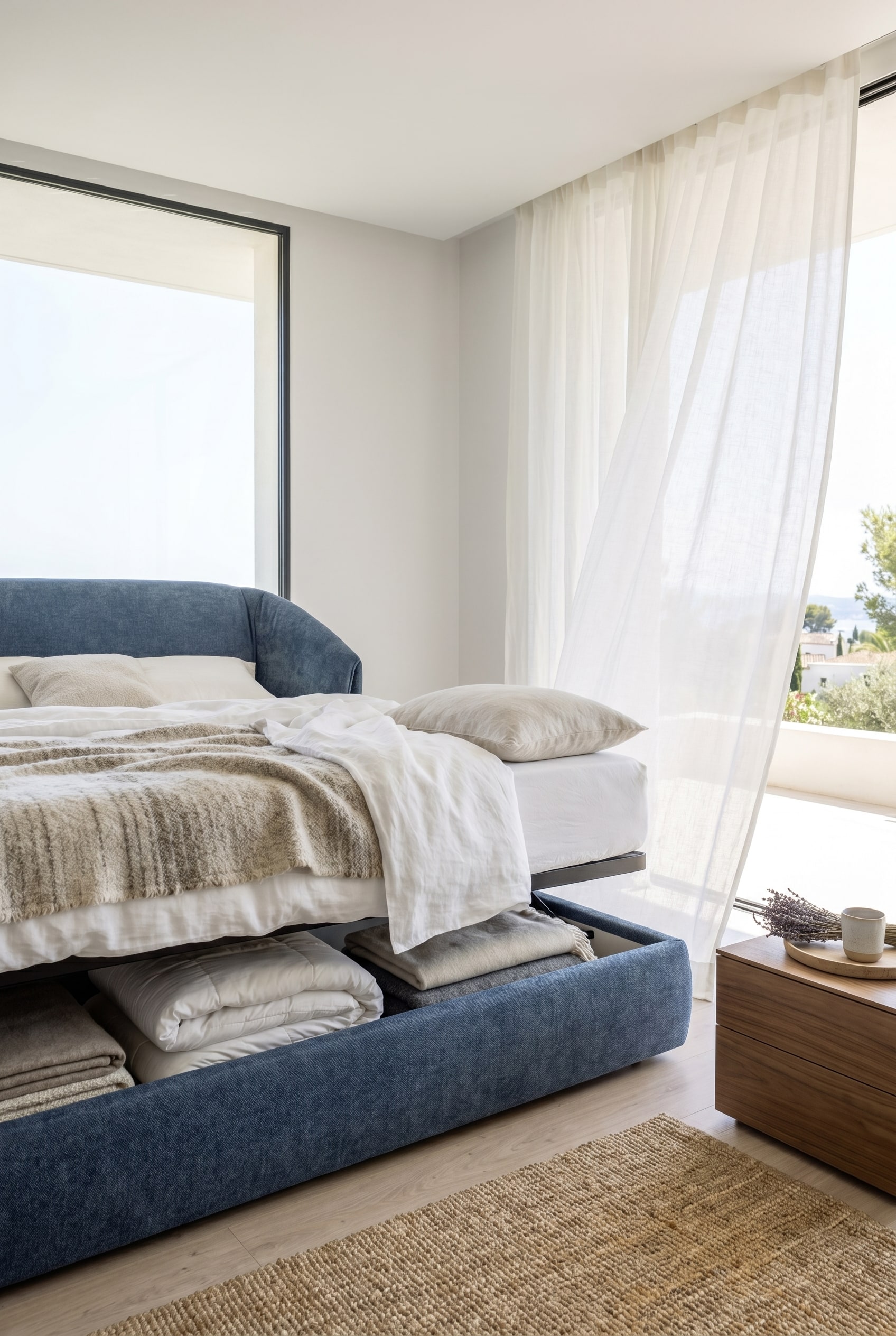 Lit rembourré confortable avec une tête de lit opulente dans une pièce lumineuse et calme Lit rembourré confortable avec une tête de lit opulente dans une pièce lumineuse et calme