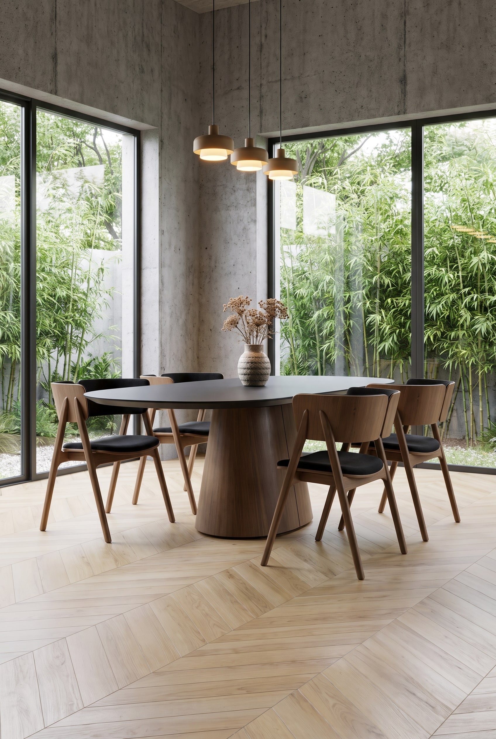 Modernes Esszimmer mit Betonkeller-Optik, ovalem Holztisch mit dunkler Platte und Stühlen